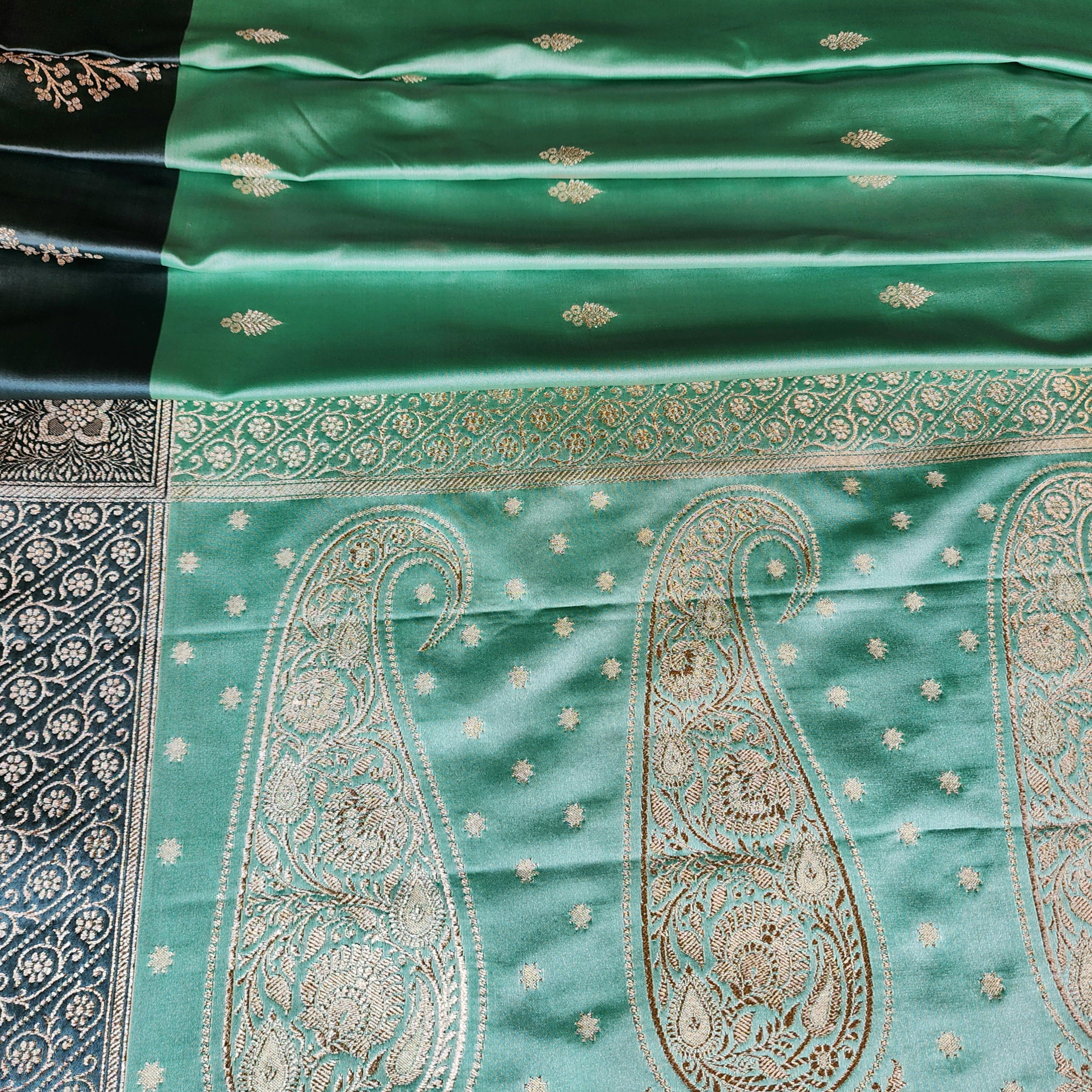 Sea Green Katan Silk Saree with Peacock Green Gold Zari Border
