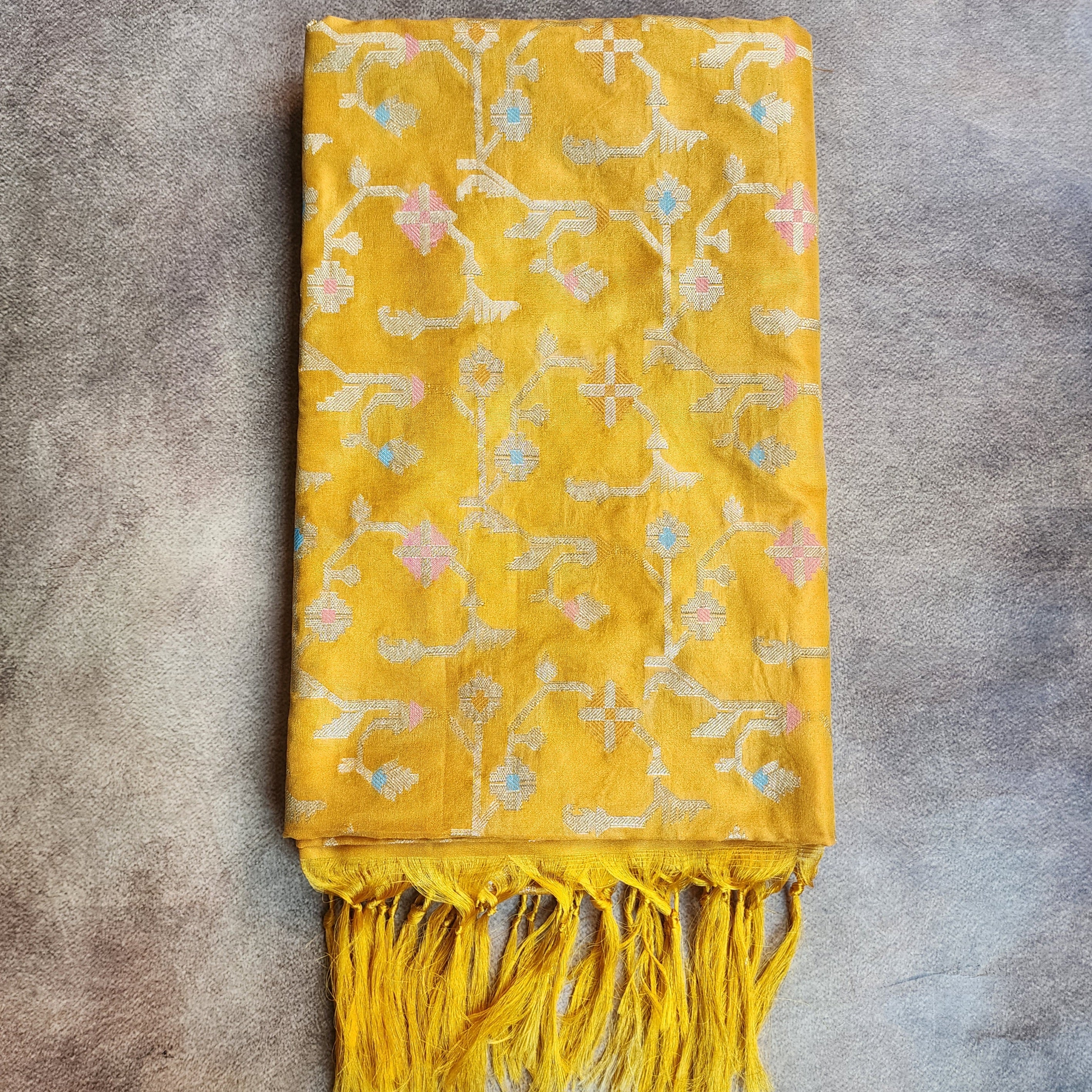 Golden Grid Banarasi Silk Dupatta with Meenakari Work in Mustard Yellow