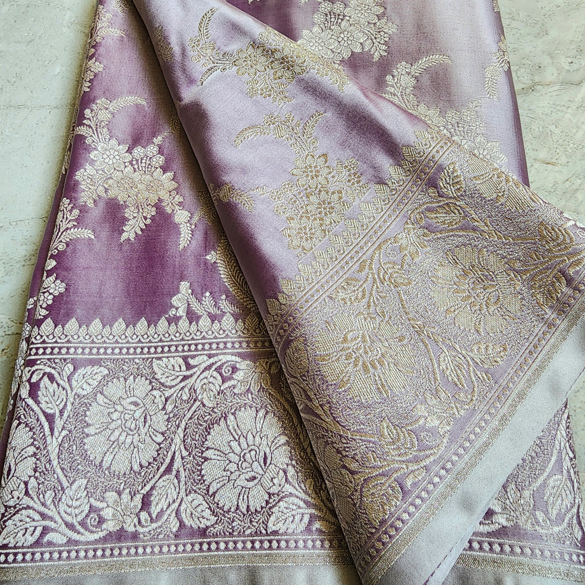 Dusty Lilac Banarasi Katan Silk Saree with Floral Vine Jaal