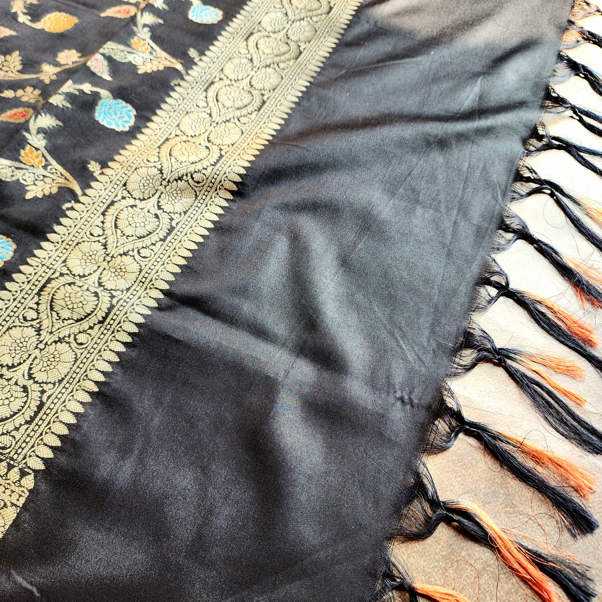 Black Banarasi Silk Dupatta with Gold Zari Border & Multicolor Meenakari Work