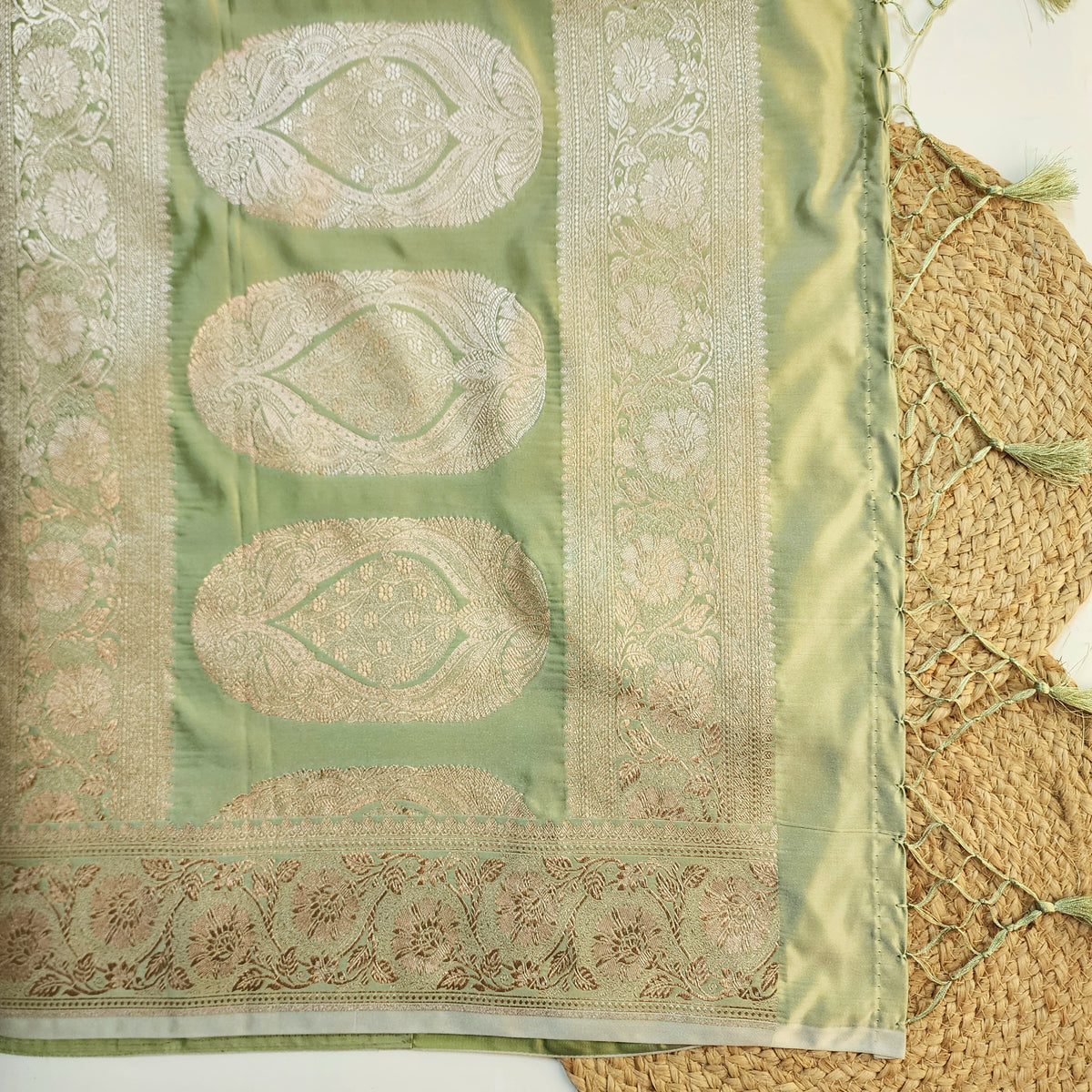 Olive Green Banarasi Katan Silk Saree with Floral Vine Jaal