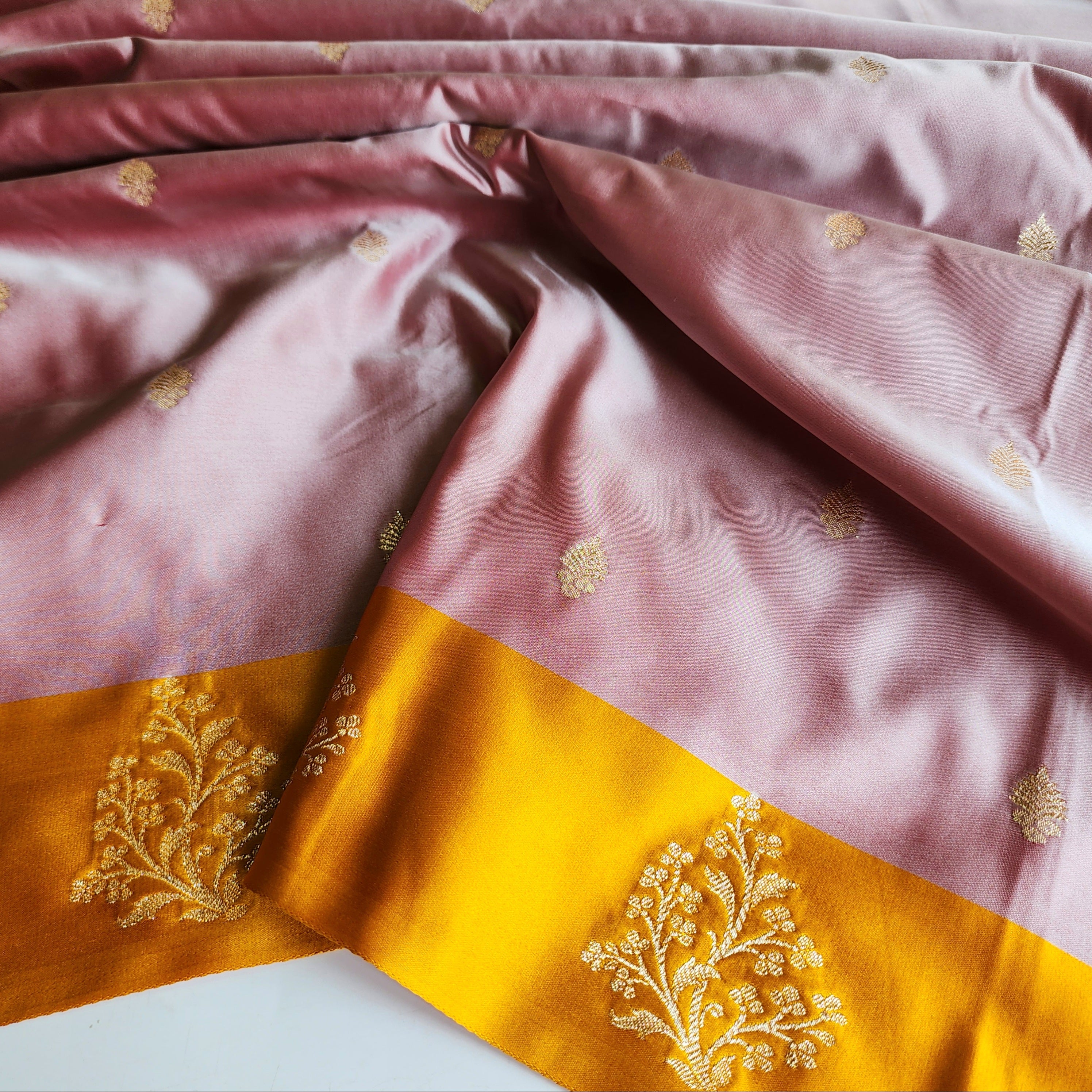 Dusty Rose Katan Silk Saree with Mustard Yellow Gold Zari Border