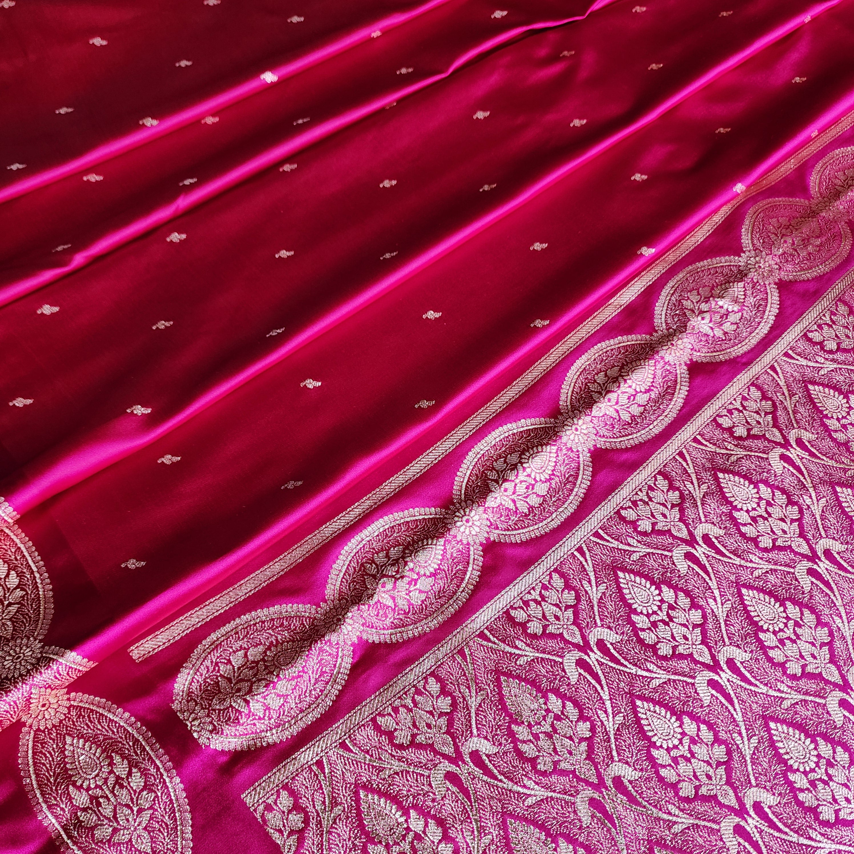 Bright Pink Pure Banarasi Katan Silk Saree with Gold Zari Weaving
