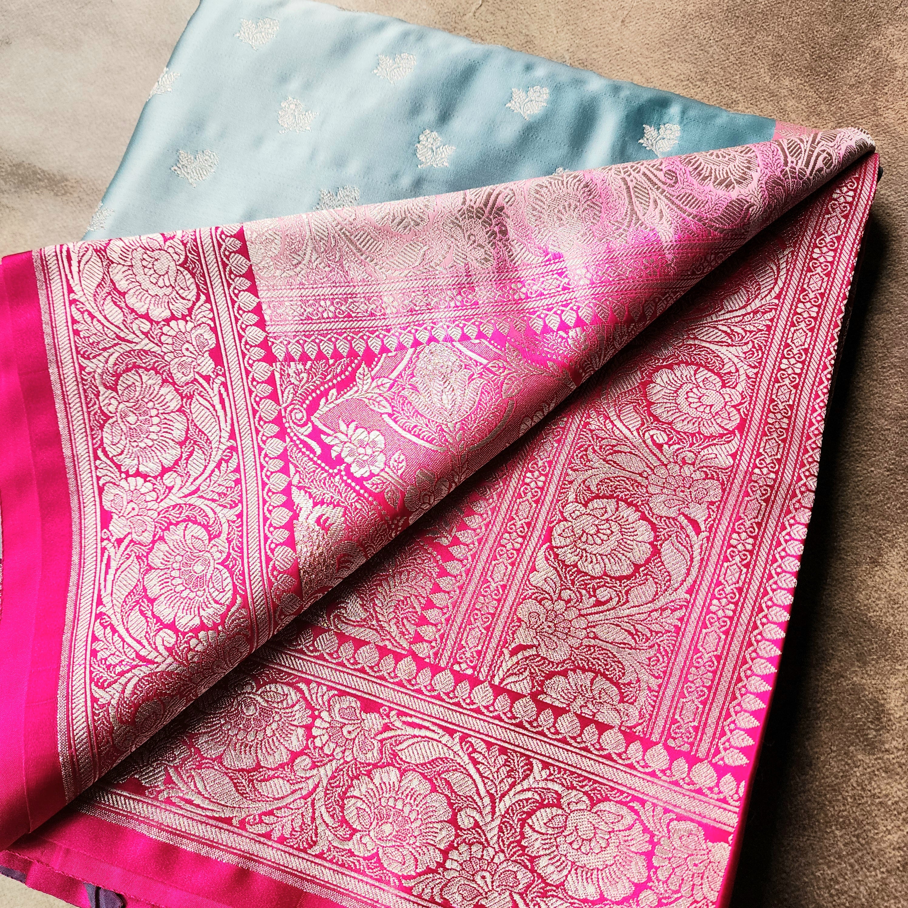 Pastel Aqua Blue Pure Banarasi Katan Silk Saree with light Gold Zari Weaving