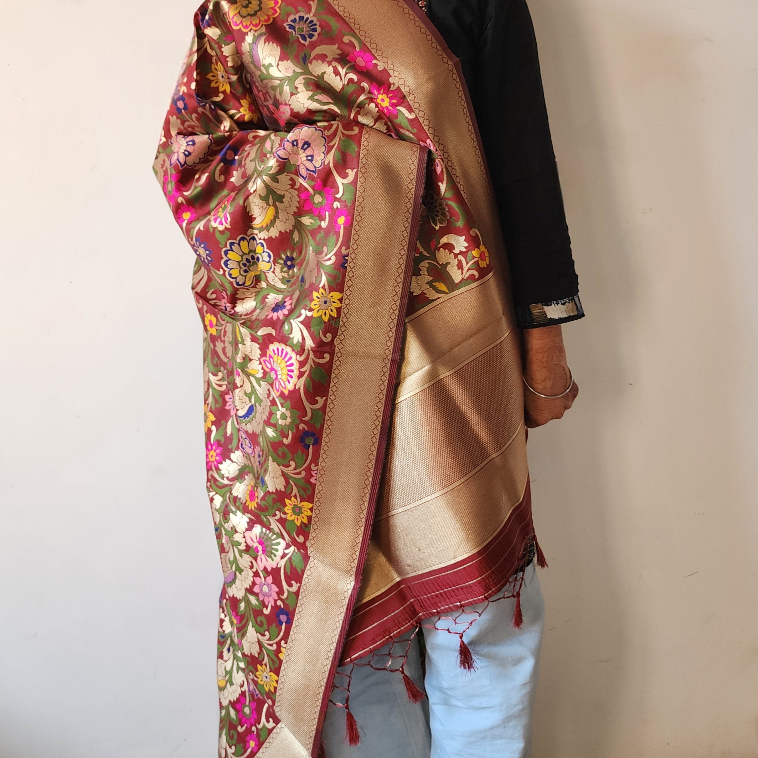 Banarasi Silk Brown Dupatta with Multicolor & Gold Floral Handweaving
