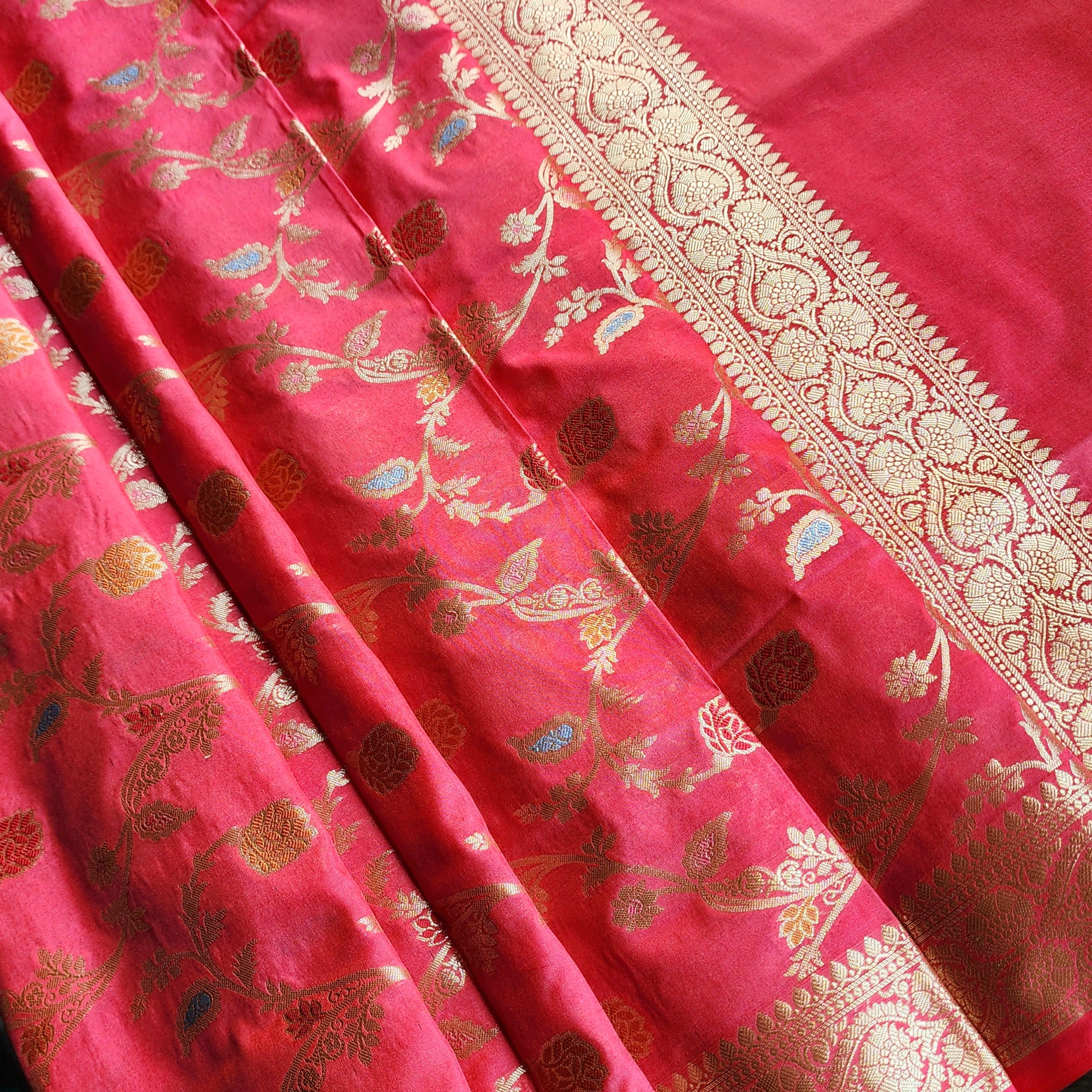 Rani Pink Banarasi Silk Dupatta with Gold Zari Border & Multicolor Meenakari Work