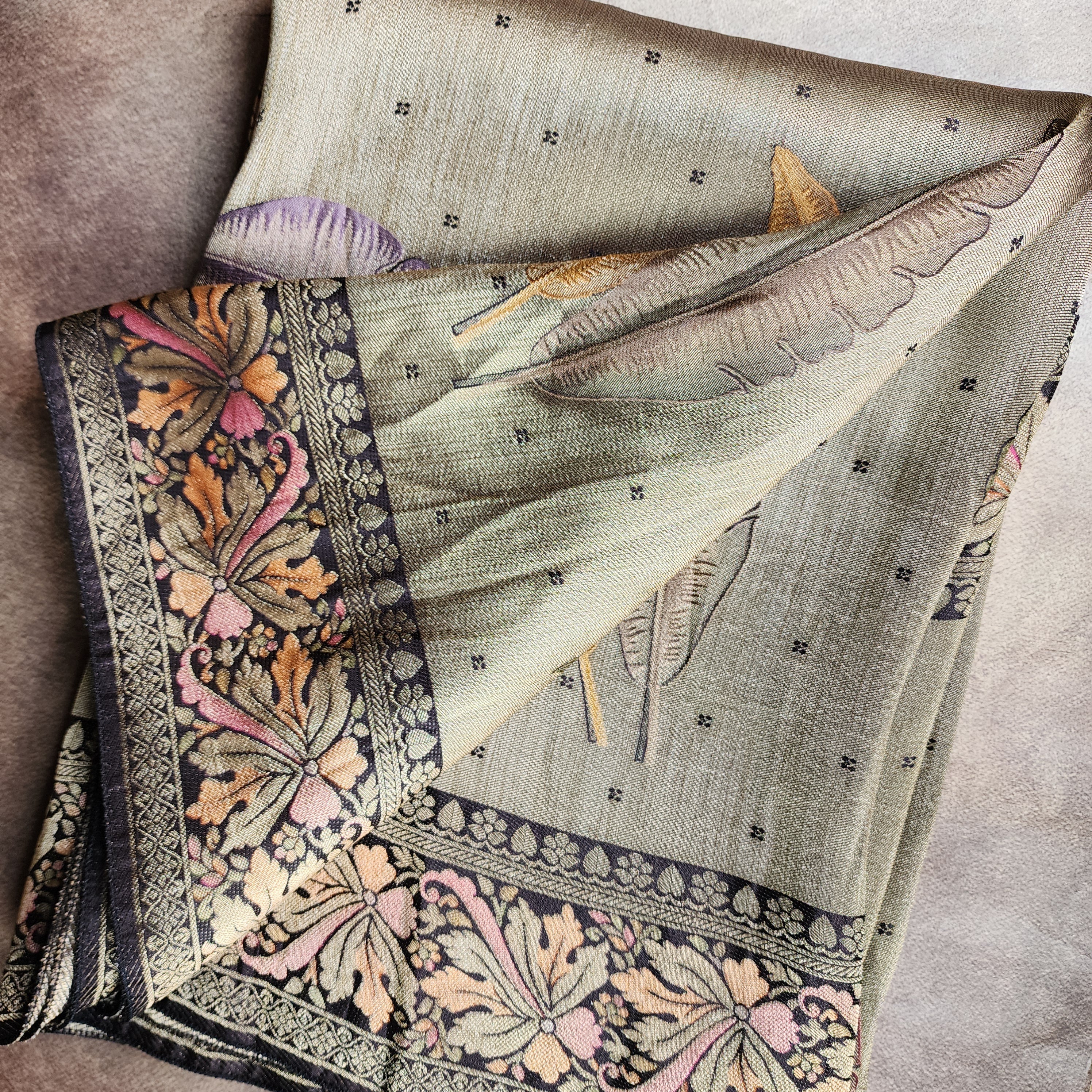 Dove Grey Tissue Silk Saree with Artistic Leaf Motifs