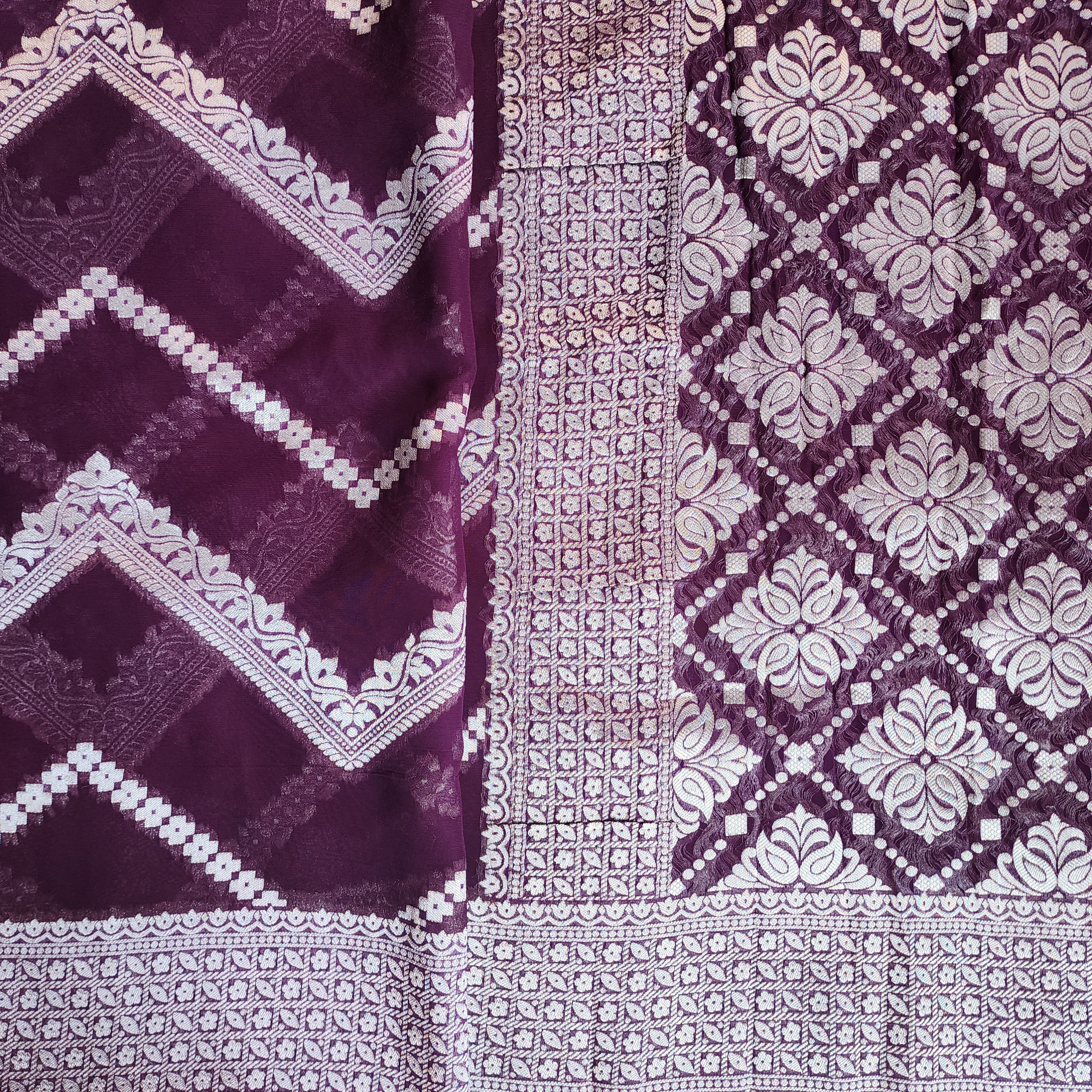 Dark Purple Khaddi Georgette Pure Banarasi Saree with Silver Zari