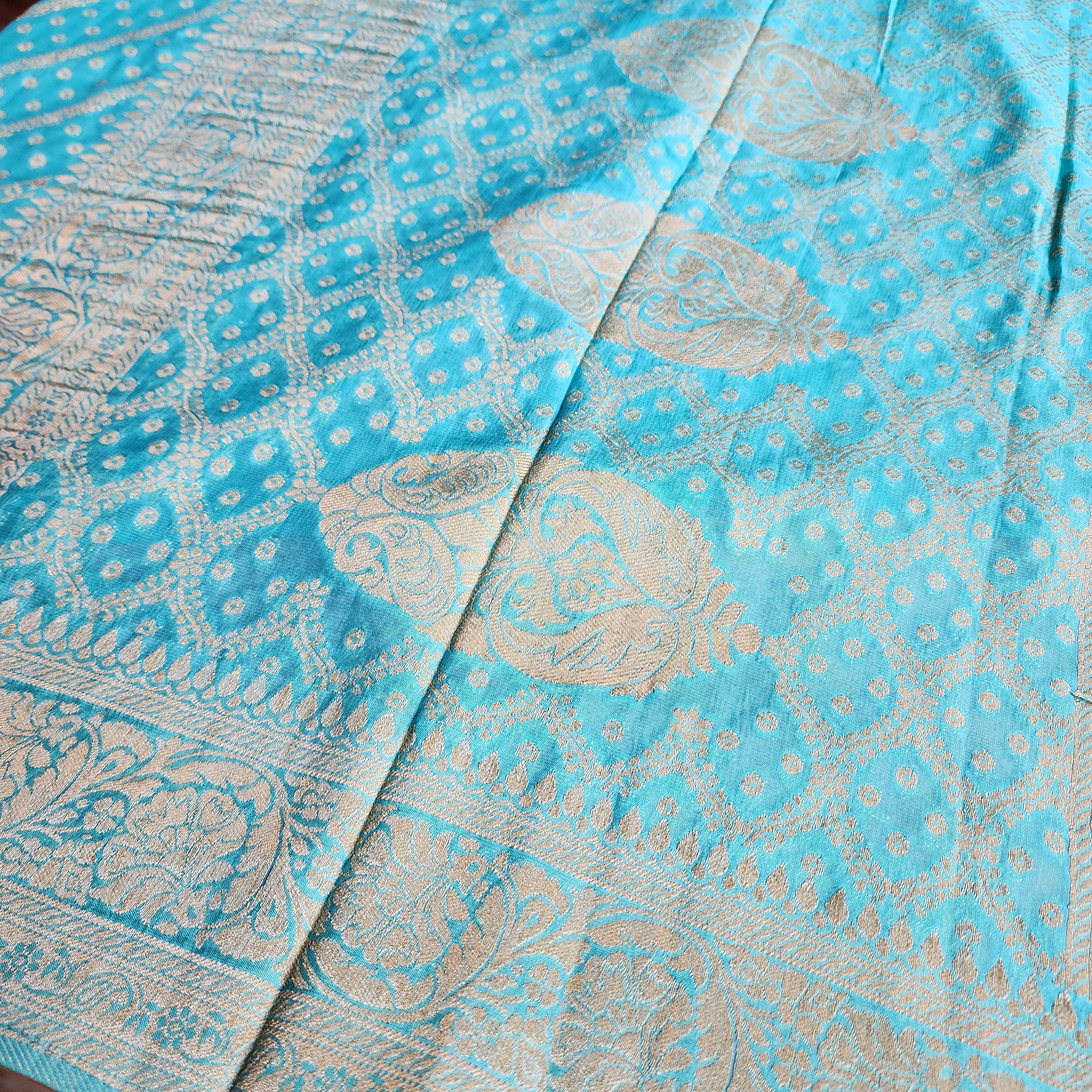 Turquoise Pure Khaddi Georgette Banarasi Saree with Golden Zari