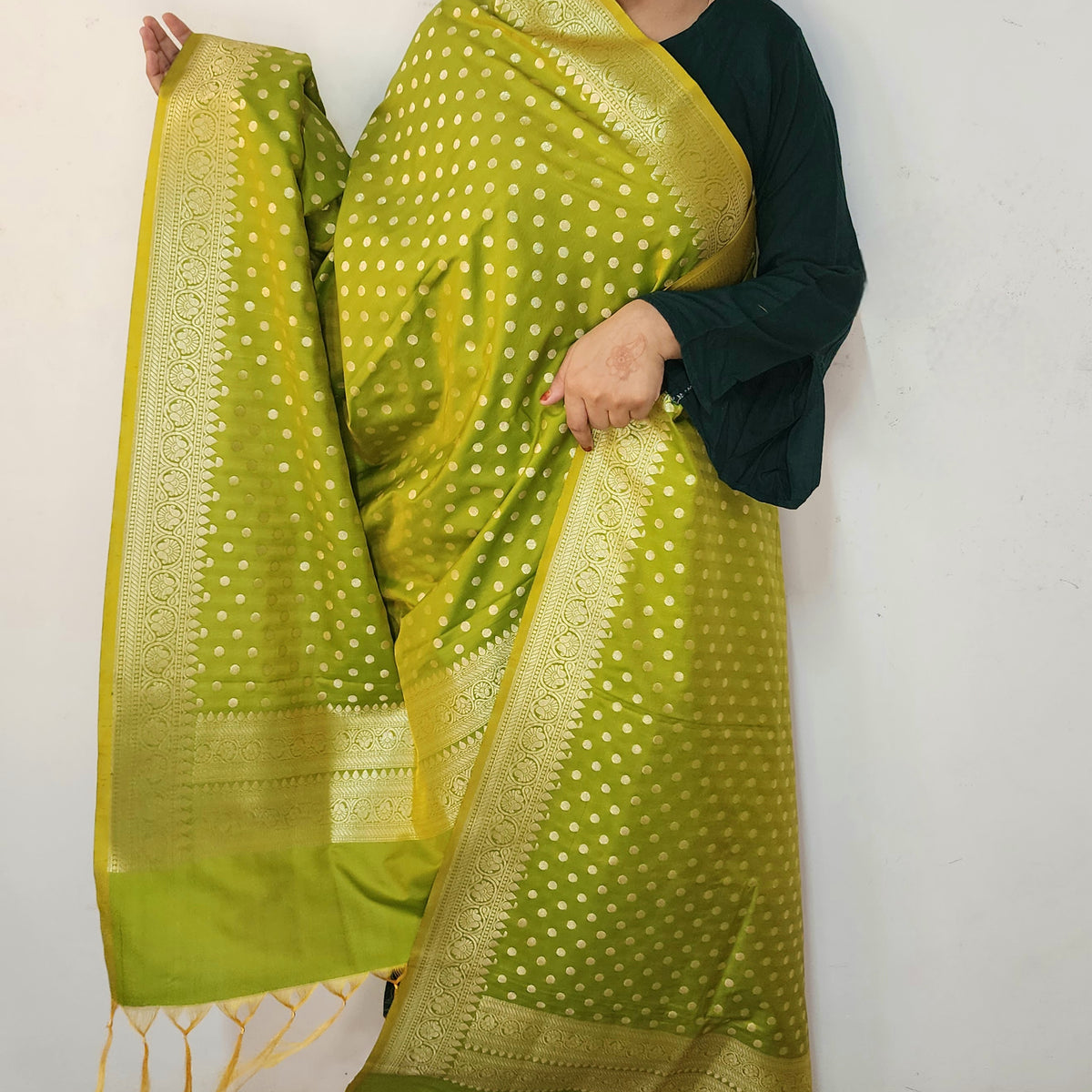 Olive Green Banarasi Silk Dupatta with Gold Polka Dot