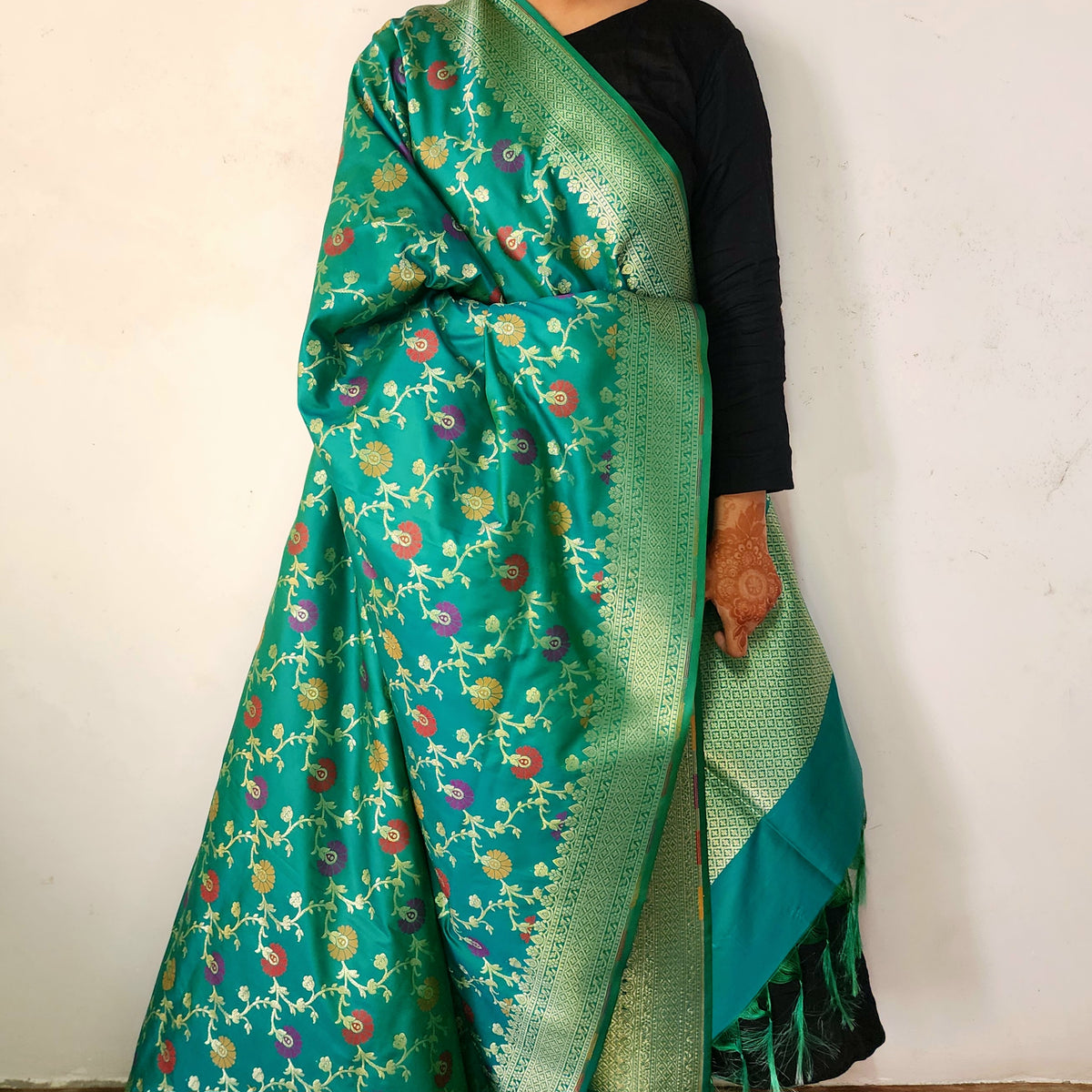 Banarasi Silk Floral Jaal Dupatta - Deep Teal
