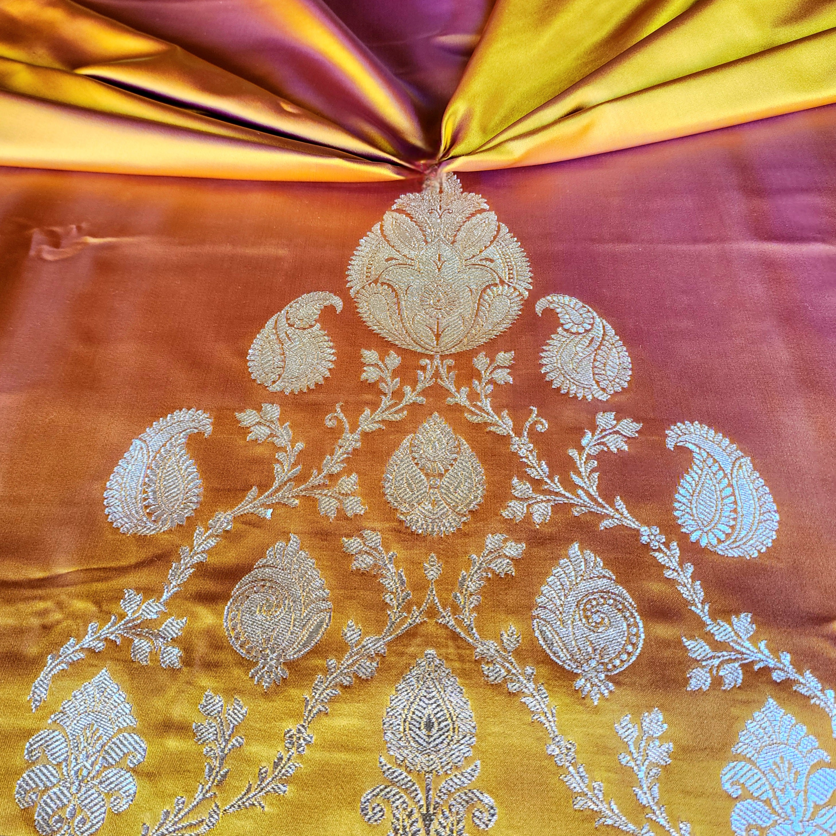 Rich Orange Pure Banarasi Katan Silk Saree with light Gold Zari Weaving