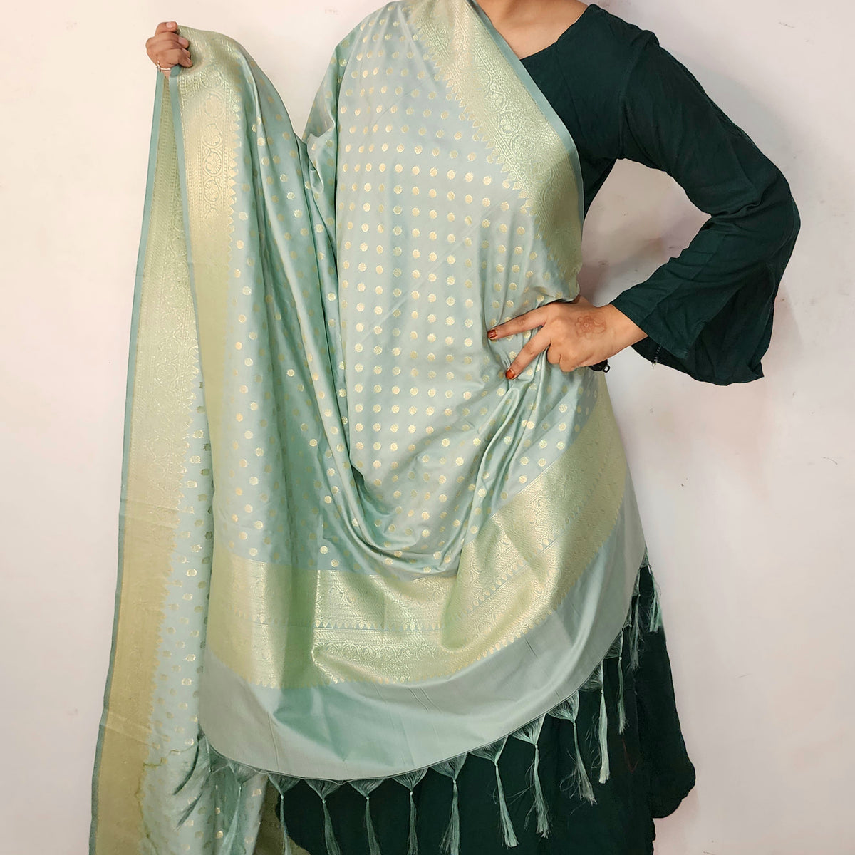 Aqua Blue Banarasi Silk Dupatta with Gold Polka Dot