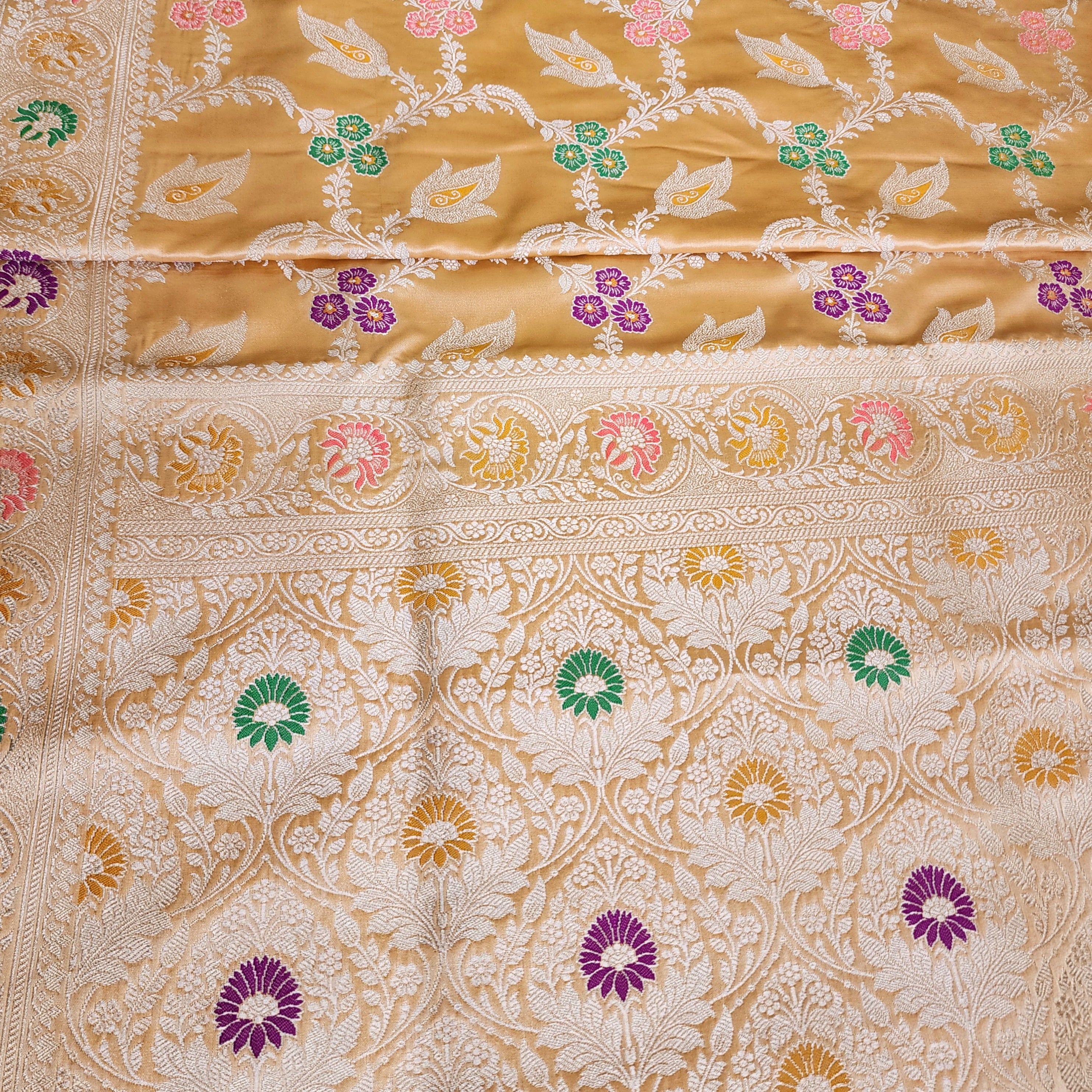 Enriched Dark Orange Banarasi Katan Silk Saree with Multicolor Meenakari Floral Jaal