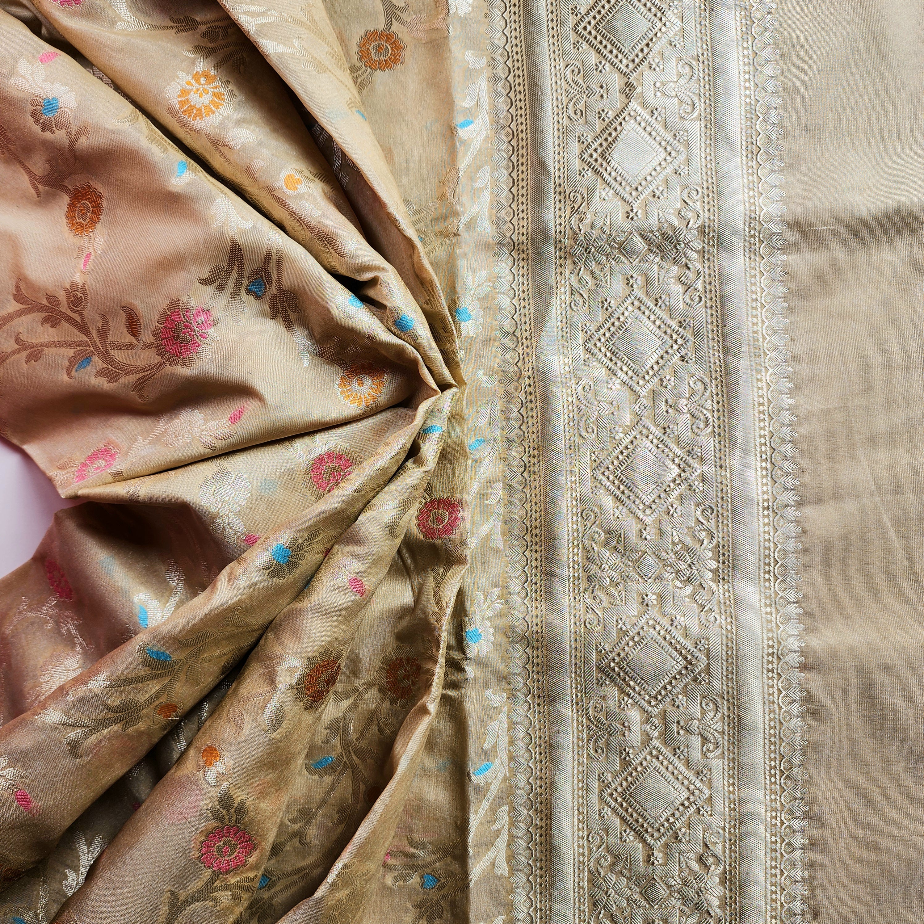 Golden Grid Banarasi Silk Dupatta with Meenakari Work in Beige