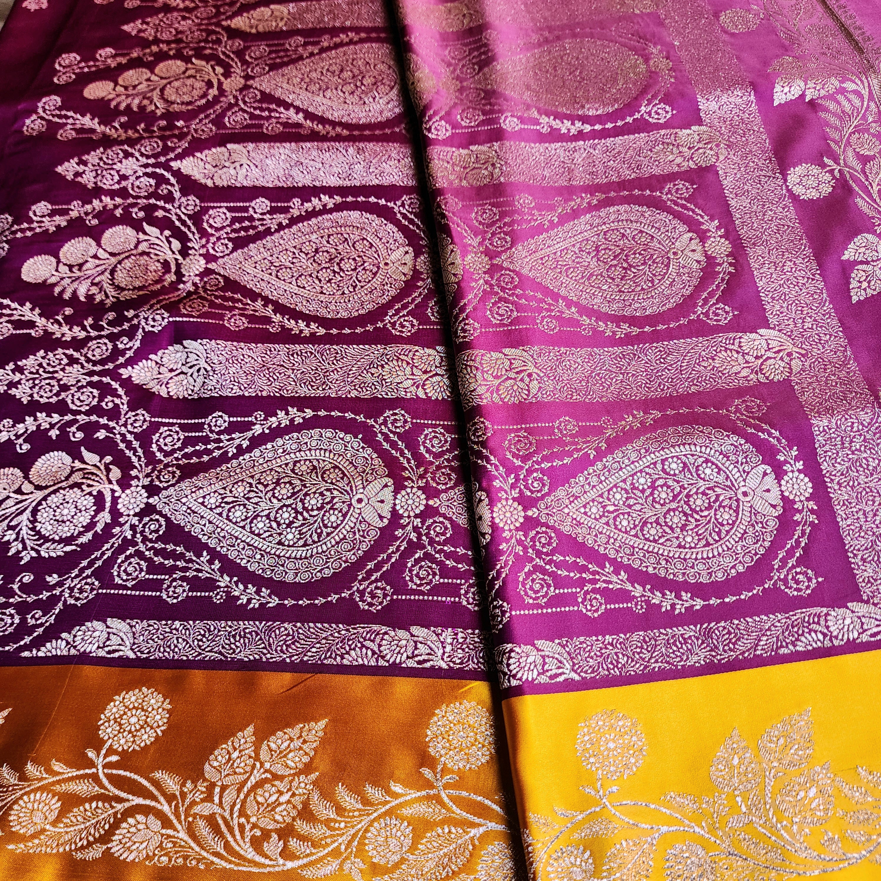 Wine Maroon Pure Banarasi Katan Silk Saree with Mustard Yellow Border