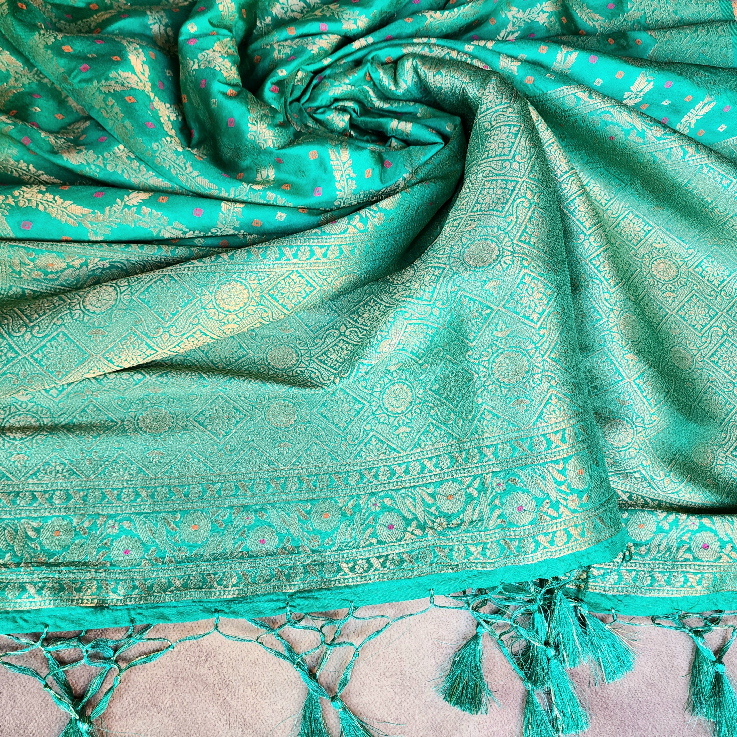 Aqua Green Bandhani Dupatta with Traditional Jaal