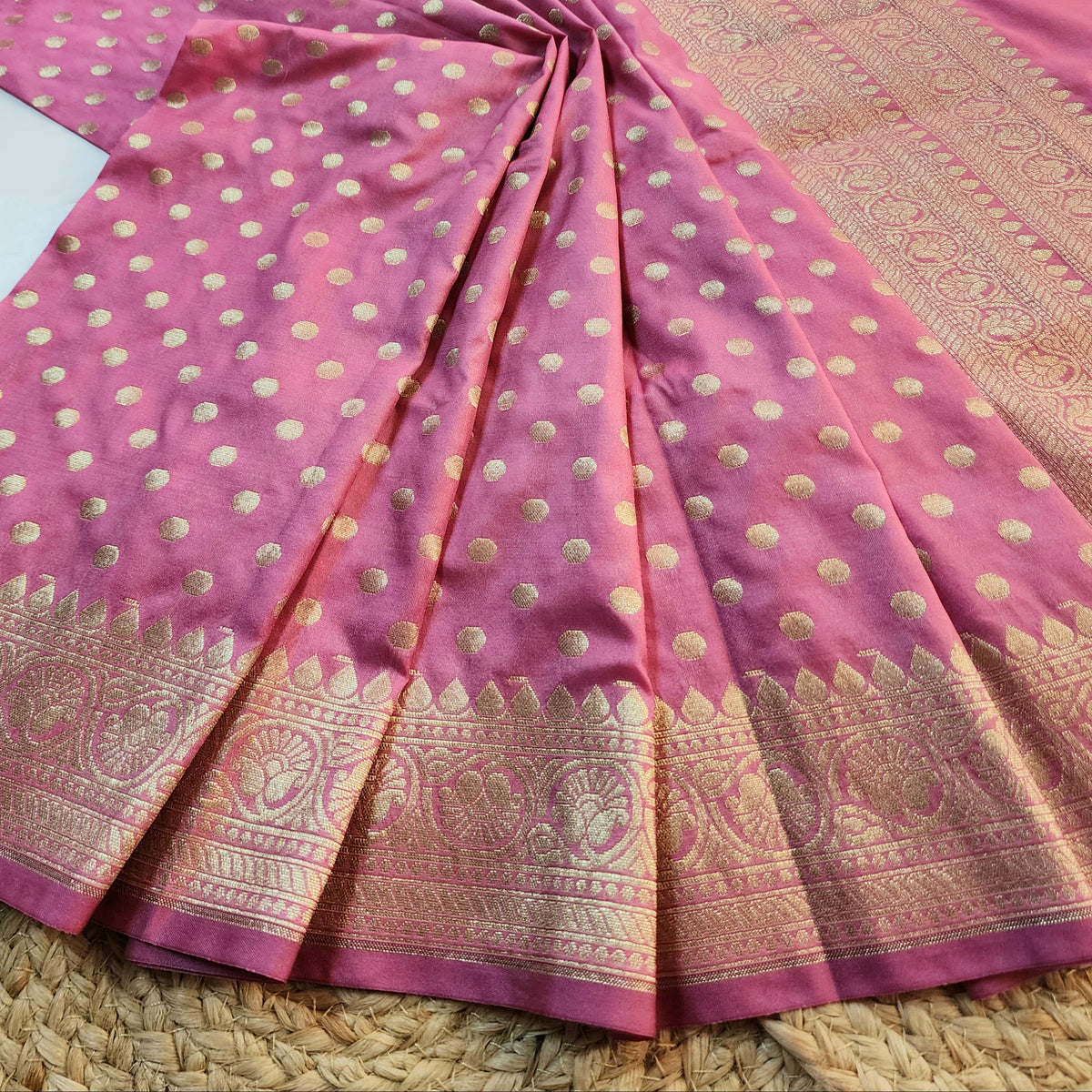 Dusty Rose Banarasi Silk Dupatta with Gold Polka Dot