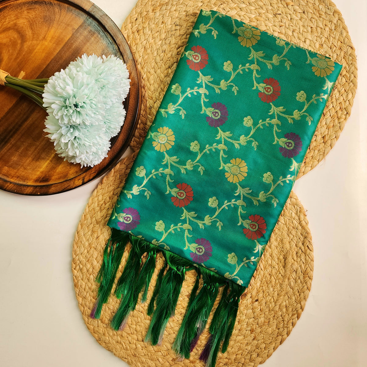 Banarasi Silk Floral Jaal Dupatta - Deep Teal