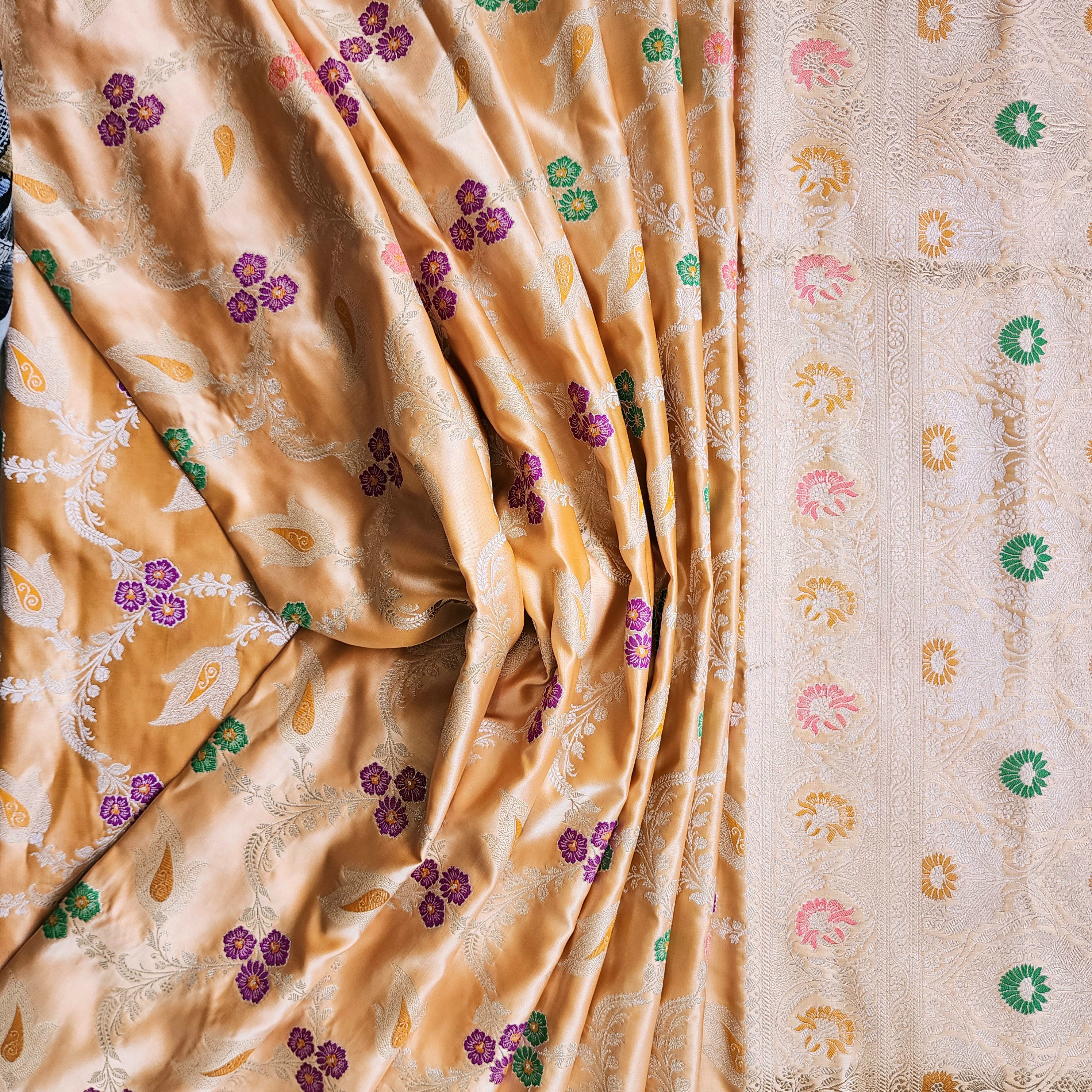 Enriched Dark Orange Banarasi Katan Silk Saree with Multicolor Meenakari Floral Jaal