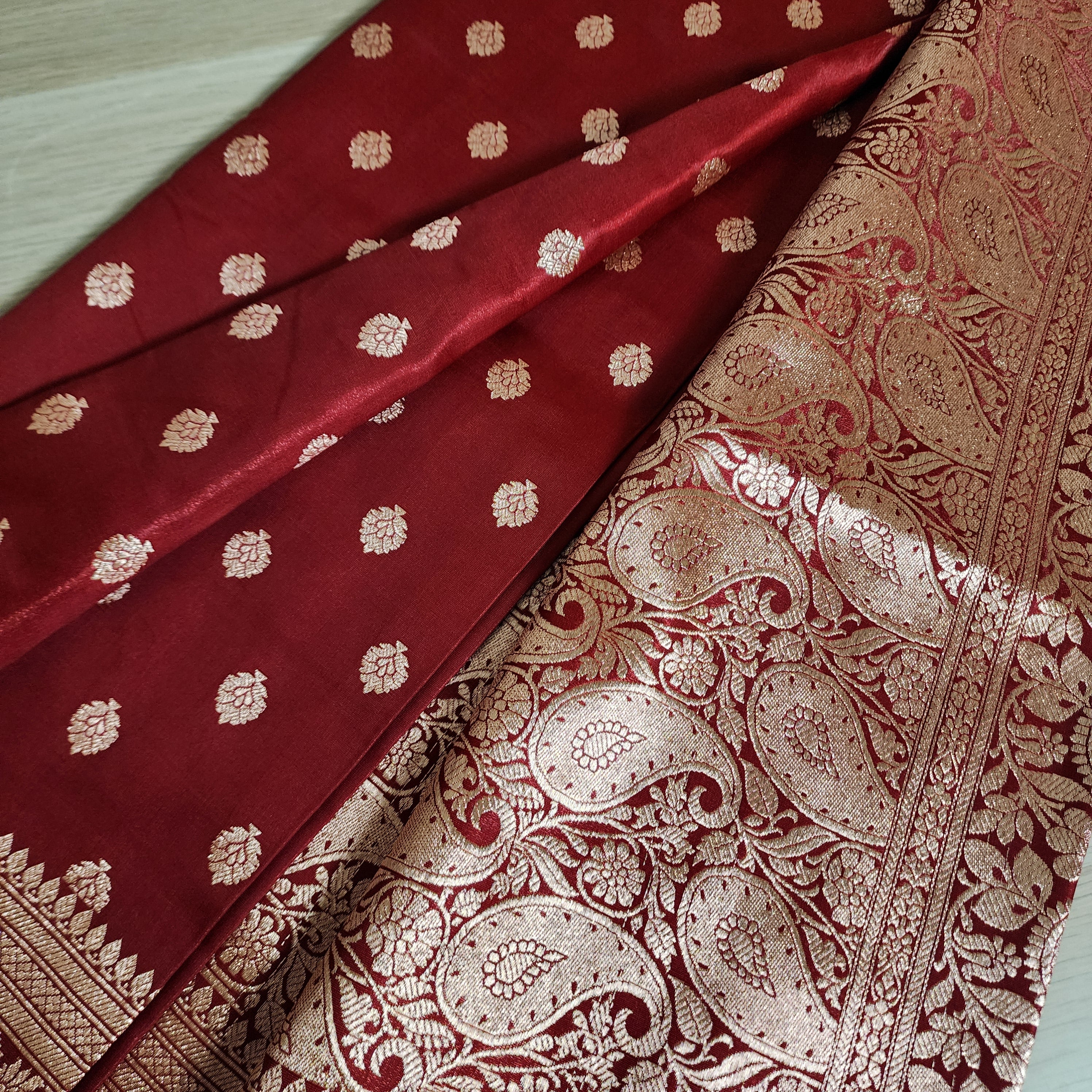 Royal Maroon Red Banarasi Silk Saree with Golden Zari Weave
