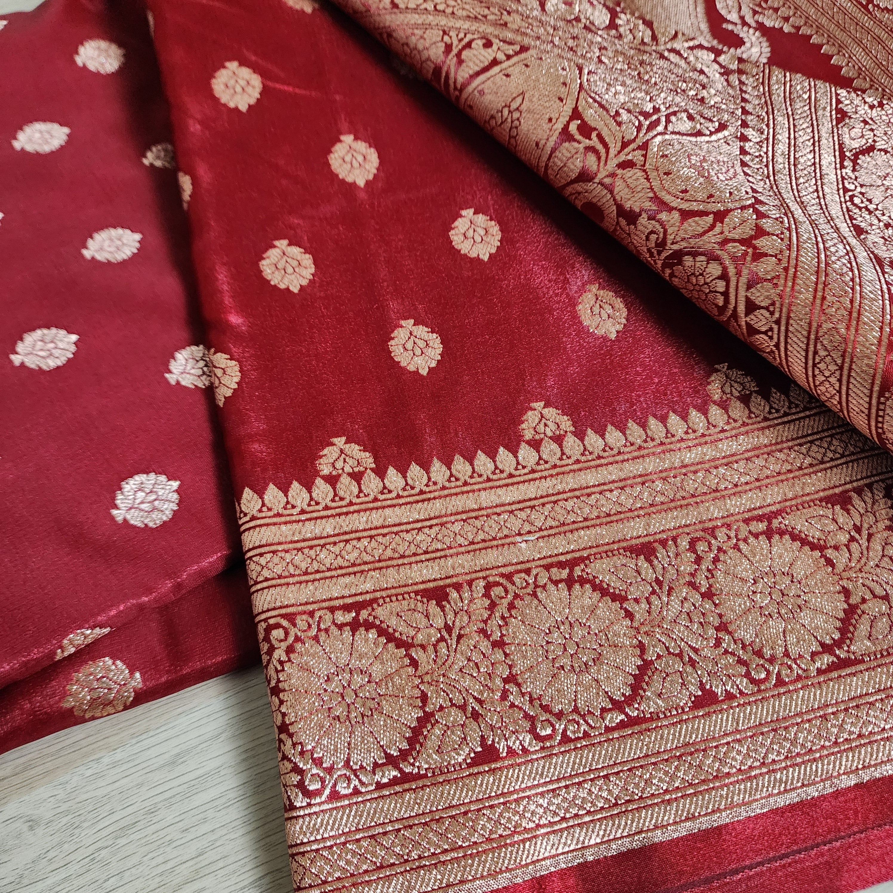 Royal Maroon Red Banarasi Silk Saree with Golden Zari Weave