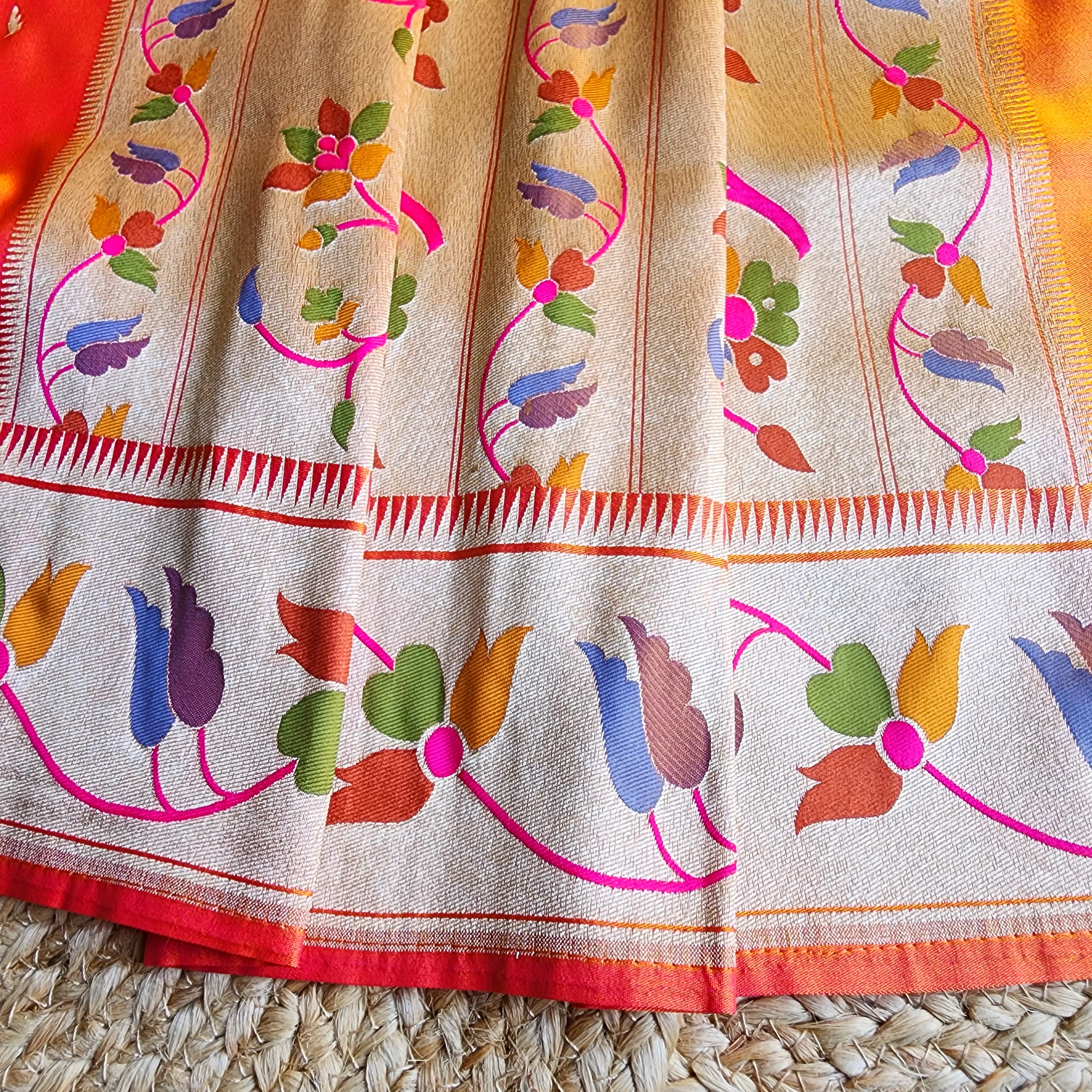 Raahi - Bright Orange Paithani Silk Saree with Stitched Blouse