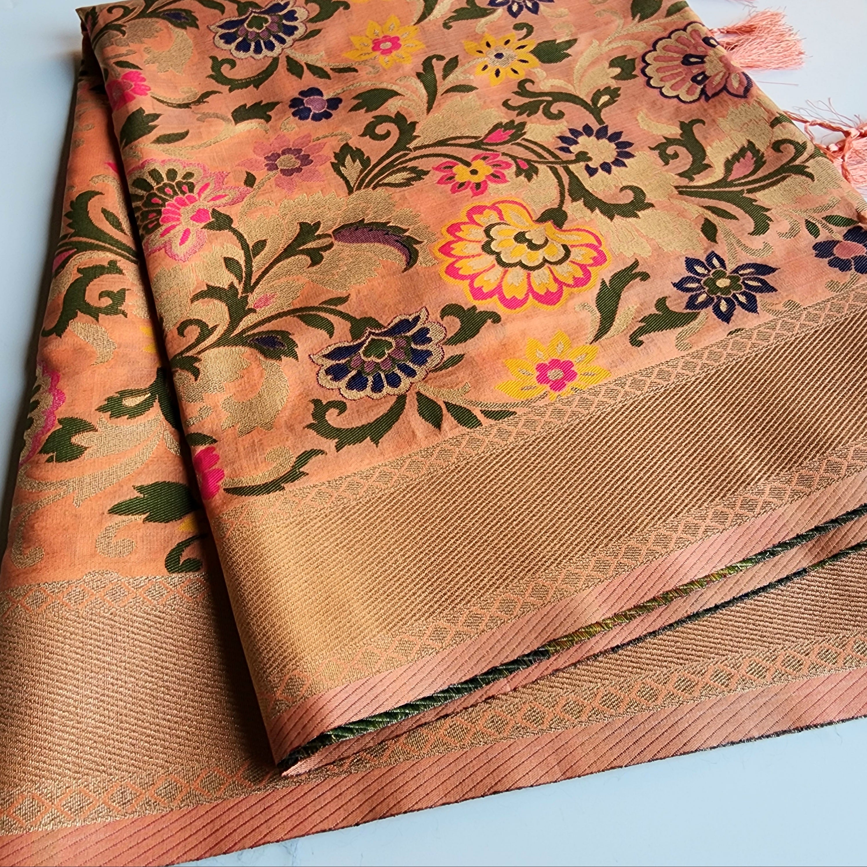 Banarasi Silk Peach Dupatta with Multicolor & Gold Floral Handweaving