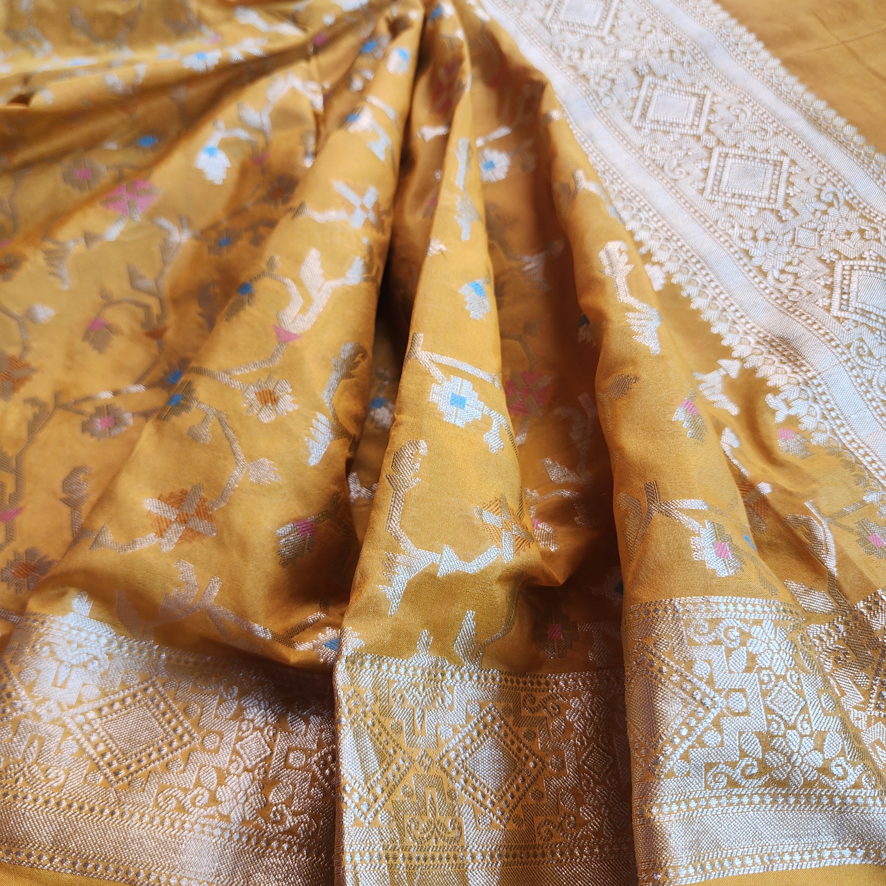 Golden Grid Banarasi Silk Dupatta with Meenakari Work in Mustard Yellow