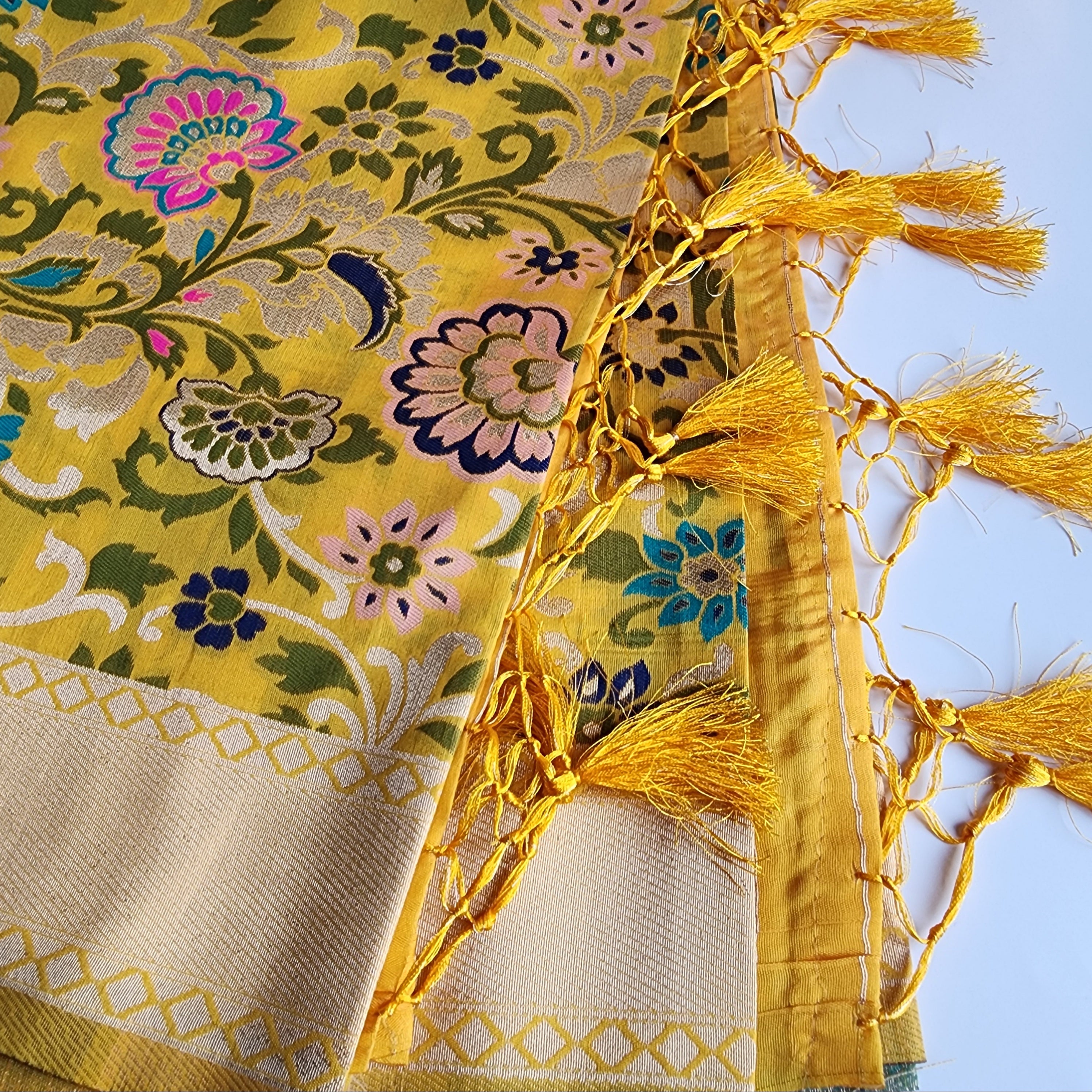 Banarasi Silk Sunshine Yellow Dupatta with Multicolor & Gold Floral Handweaving