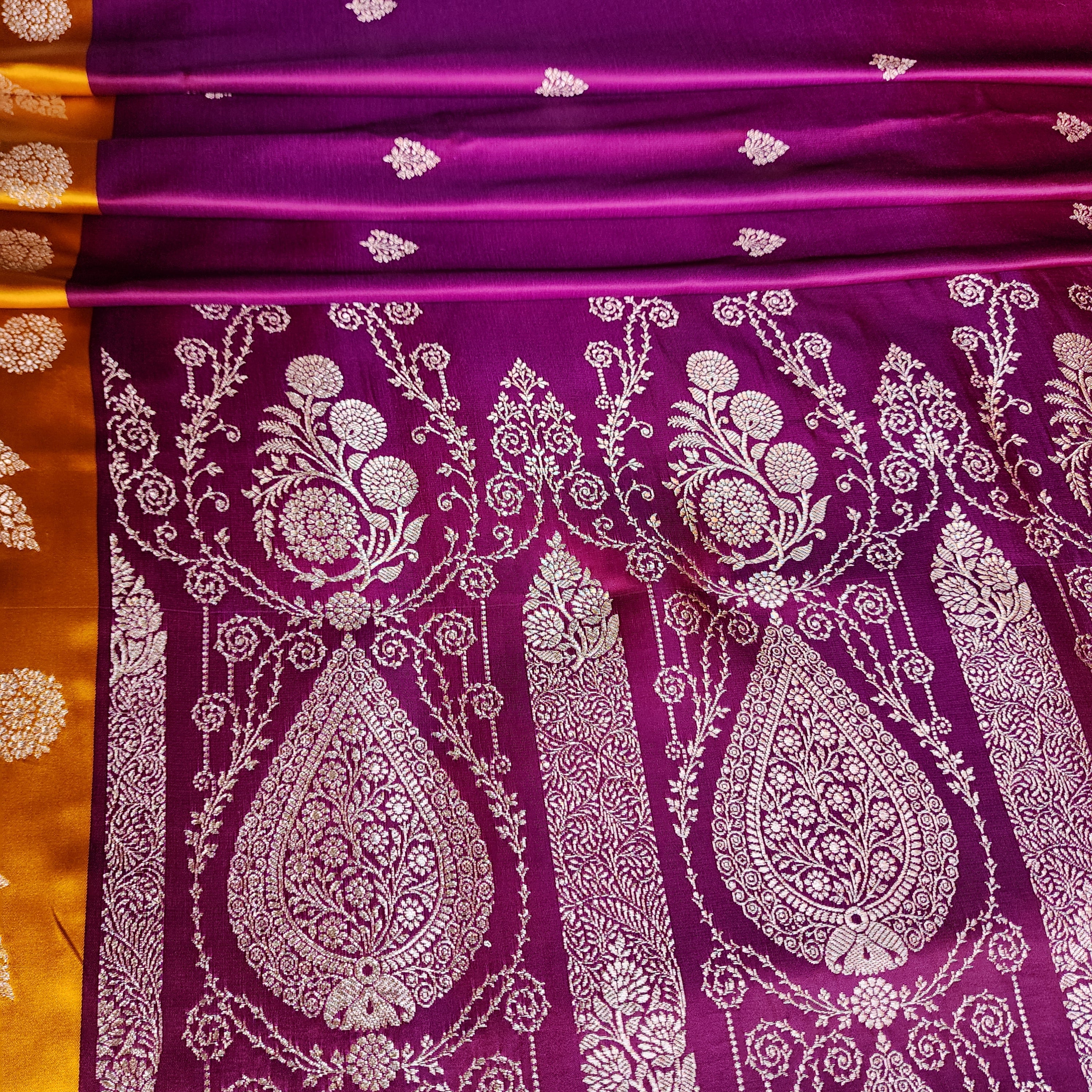 Wine Maroon Pure Banarasi Katan Silk Saree with Mustard Yellow Border