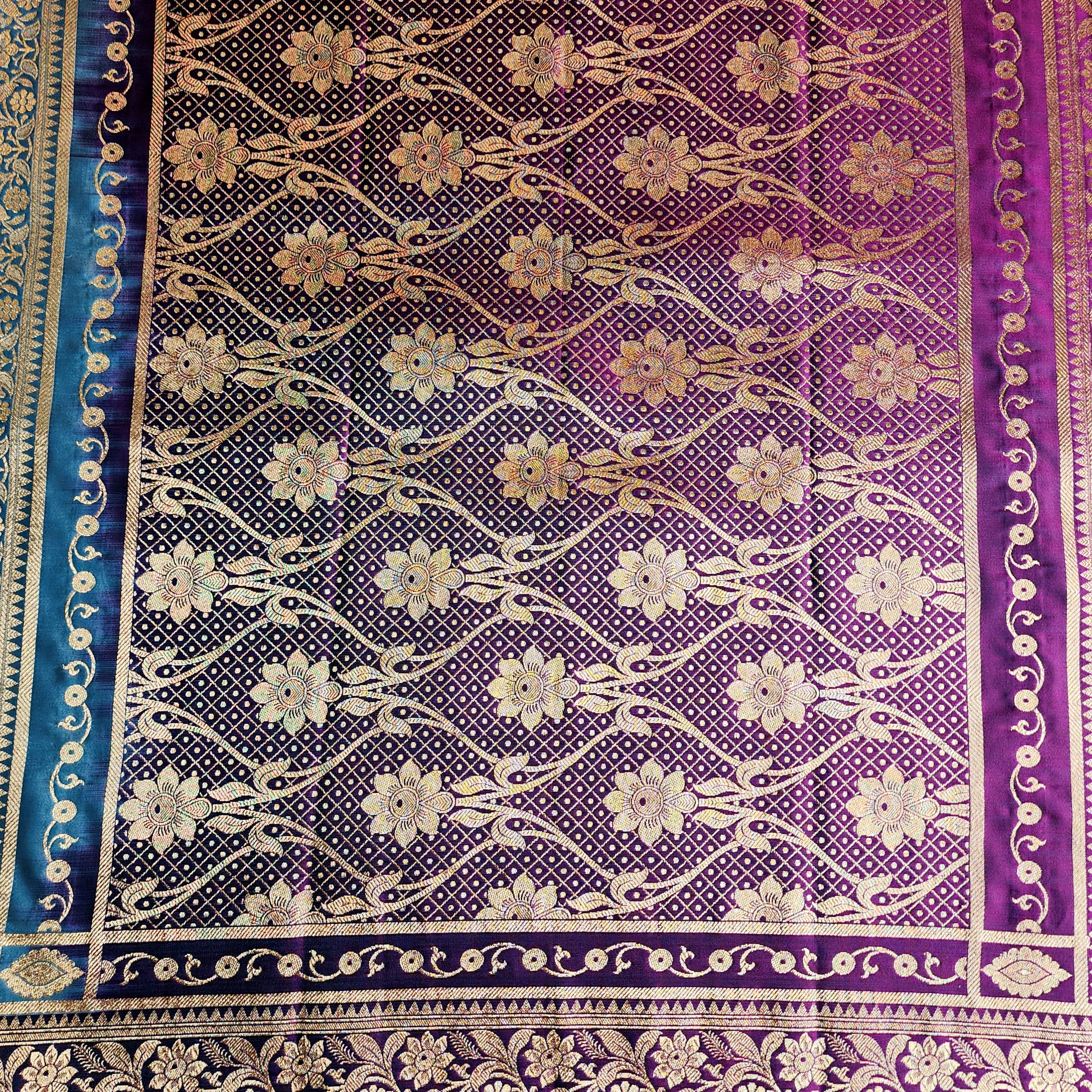 Teal Blue Katan Silk Saree with Purple and Gold Zari Border