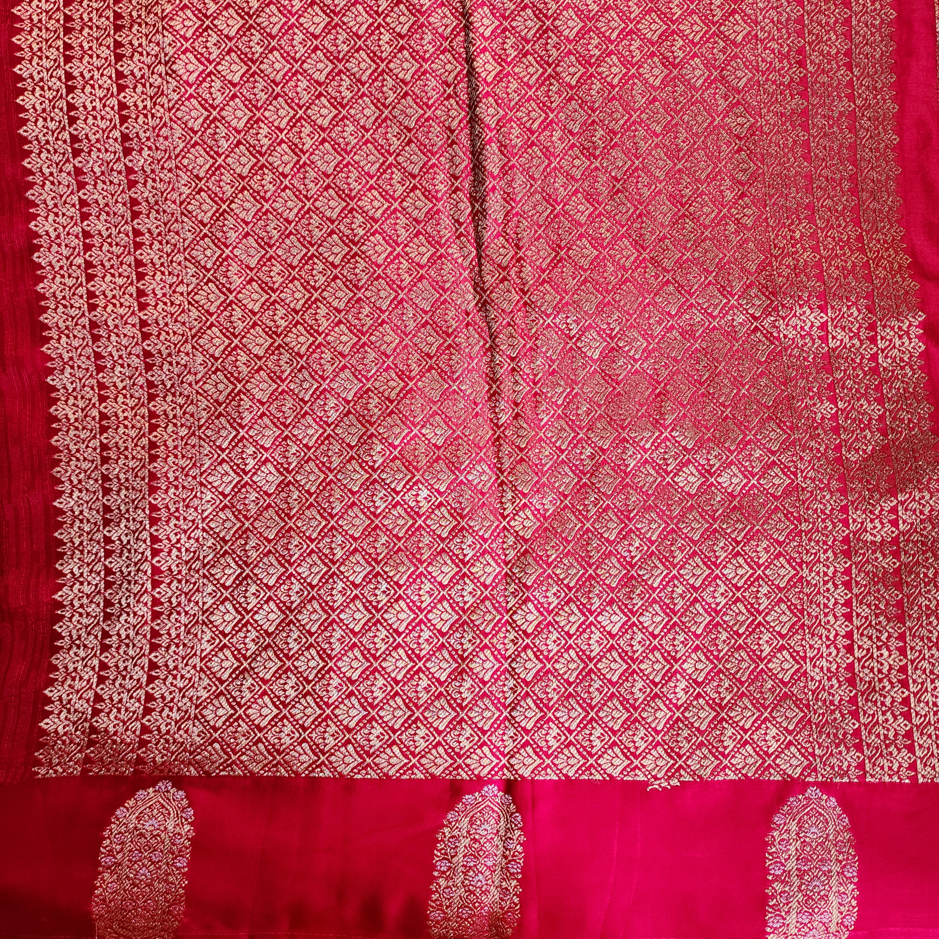 Bright Rani Pink Mashru Tanchoi Saree with Gold Zari