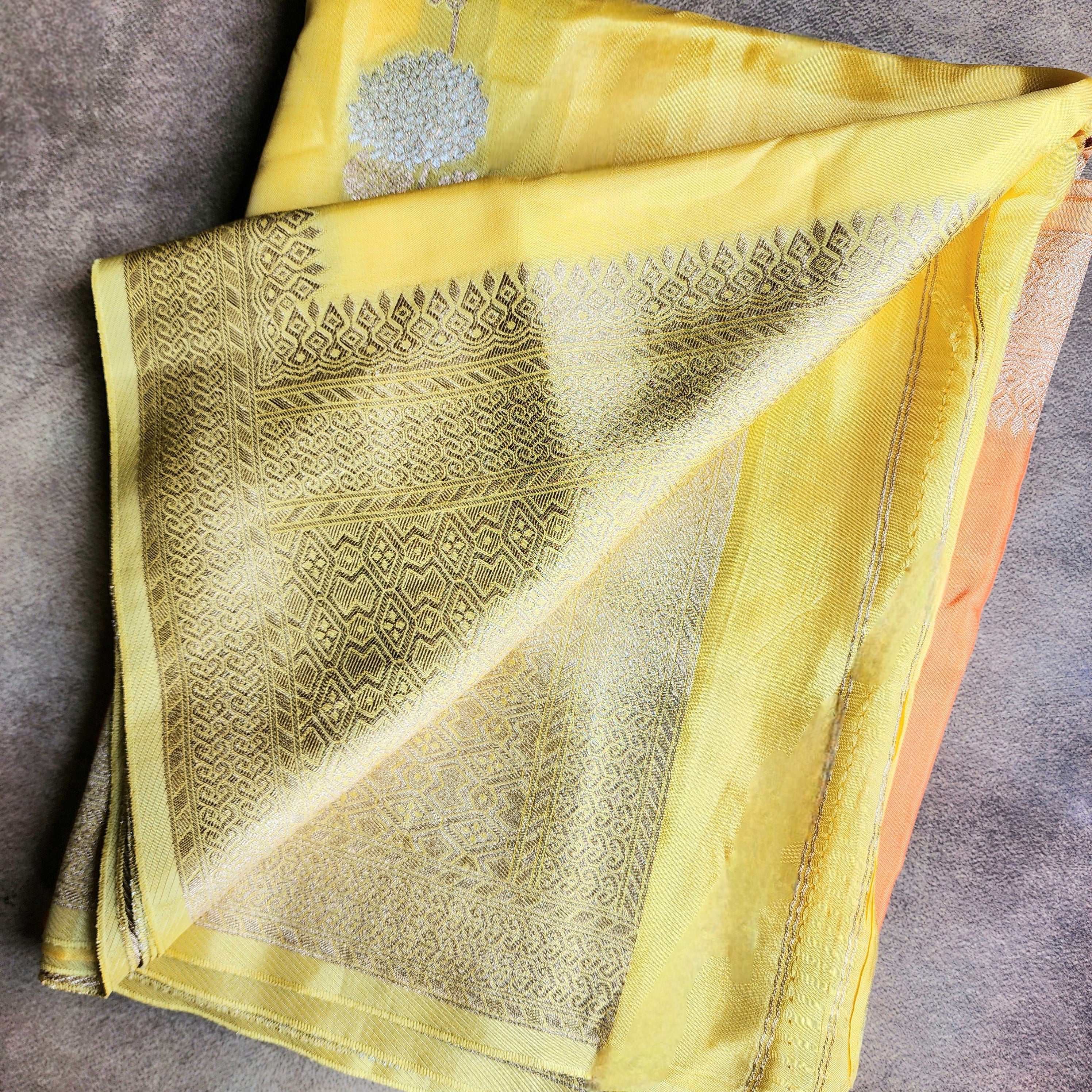 Sunrise Yellow Dupion Silk Saree with Orange Hues