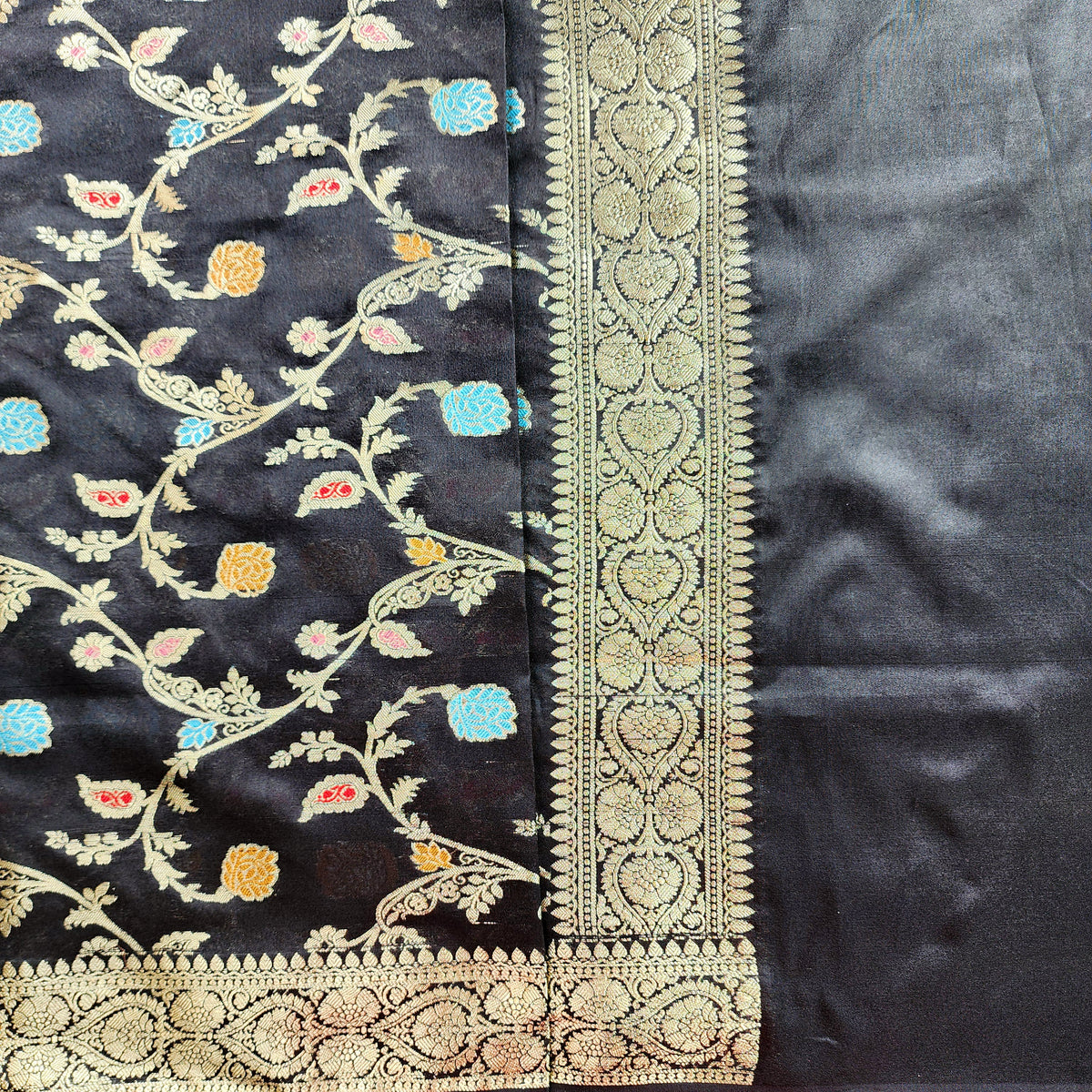 Black Banarasi Silk Dupatta with Gold Zari Border & Multicolor Meenakari Work