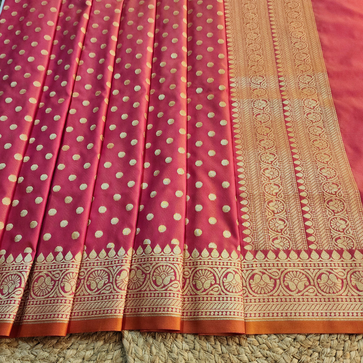 Coral Red Banarasi Silk Dupatta with Gold Polka Dot