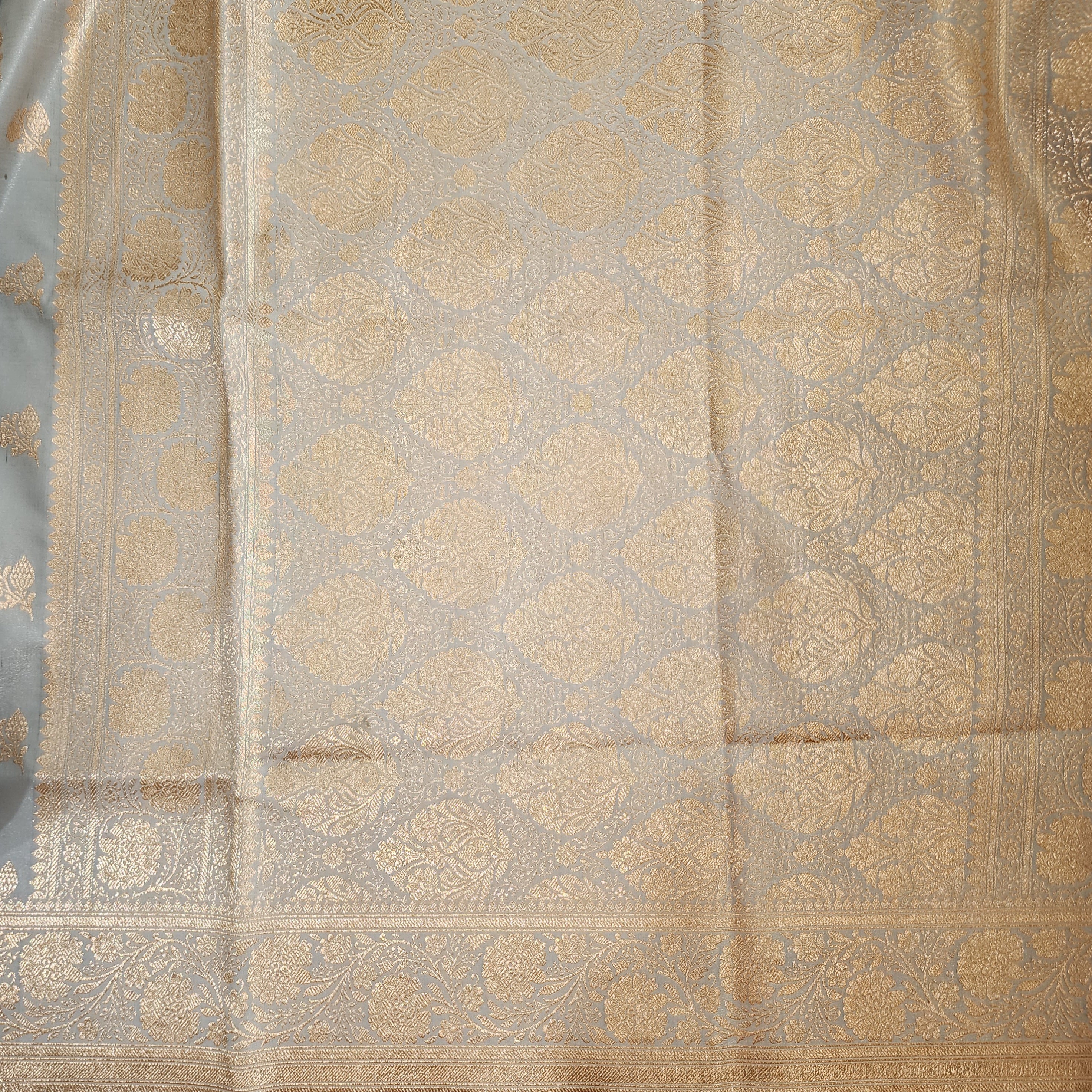Rich Silver Grey Banarasi Silk Saree with Gold Zari Weaving