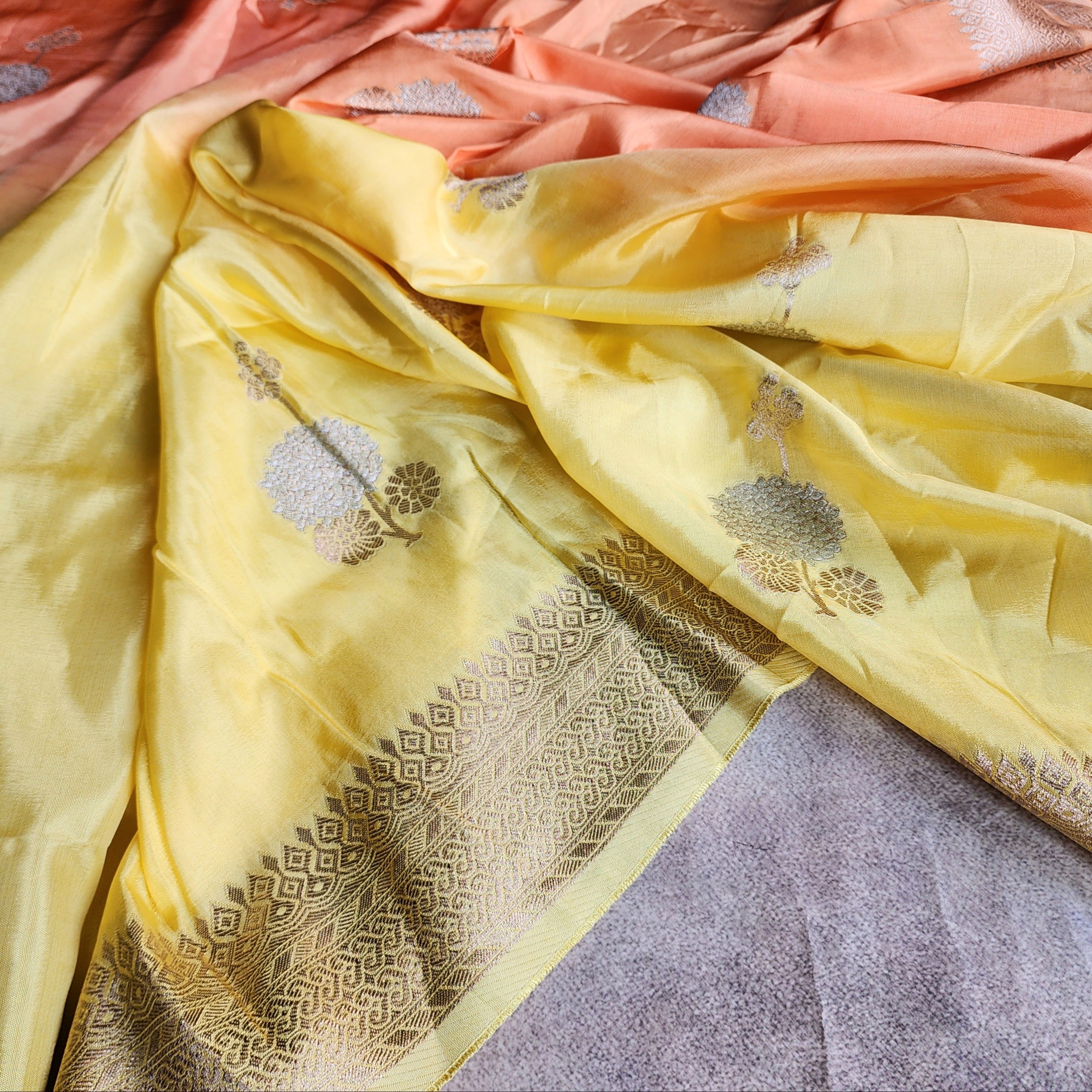 Sunrise Yellow Dupion Silk Saree with Orange Hues