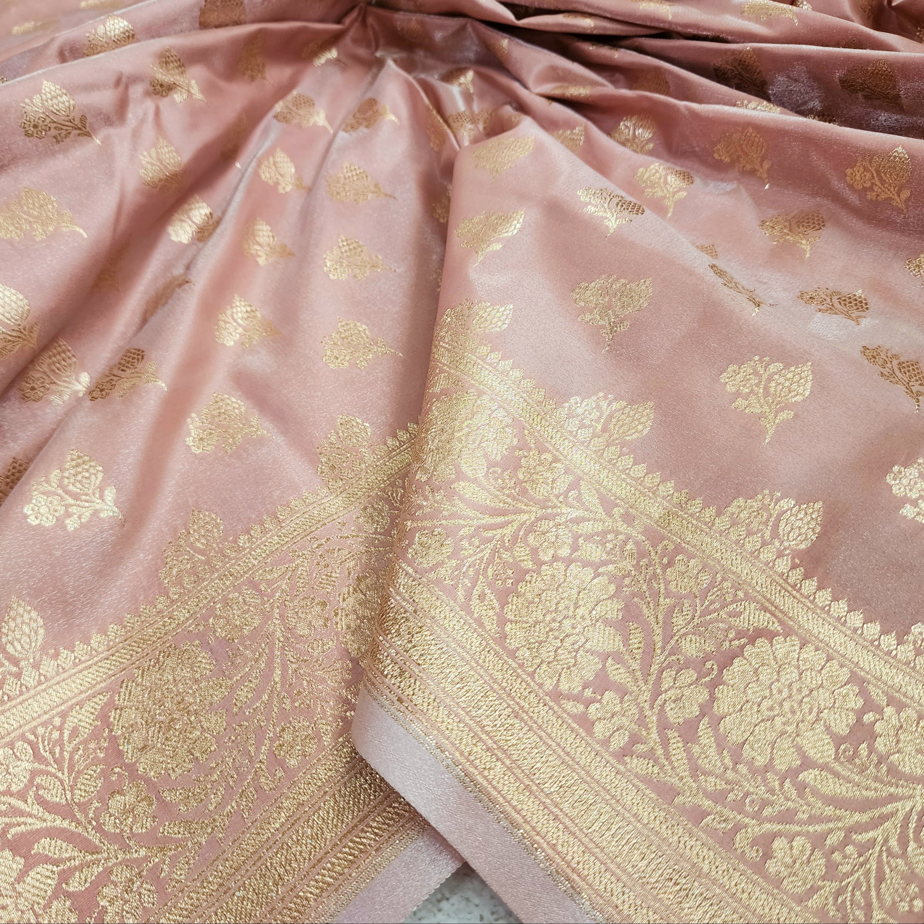 Rich Rose Blush Pink Banarasi Silk Saree with Gold Zari Weaving