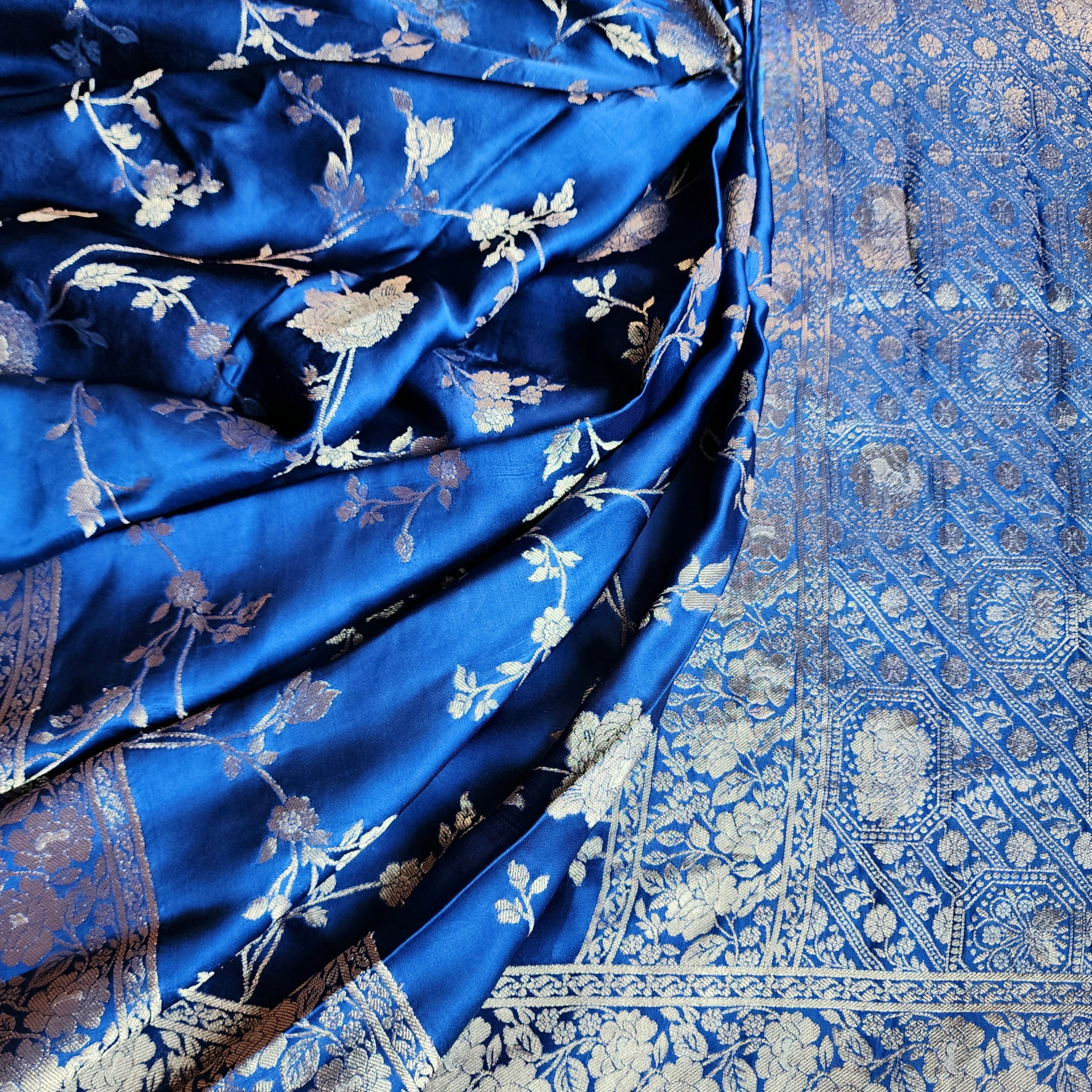 Royal Blue Muslin Silk Saree with Silver Zari Work
