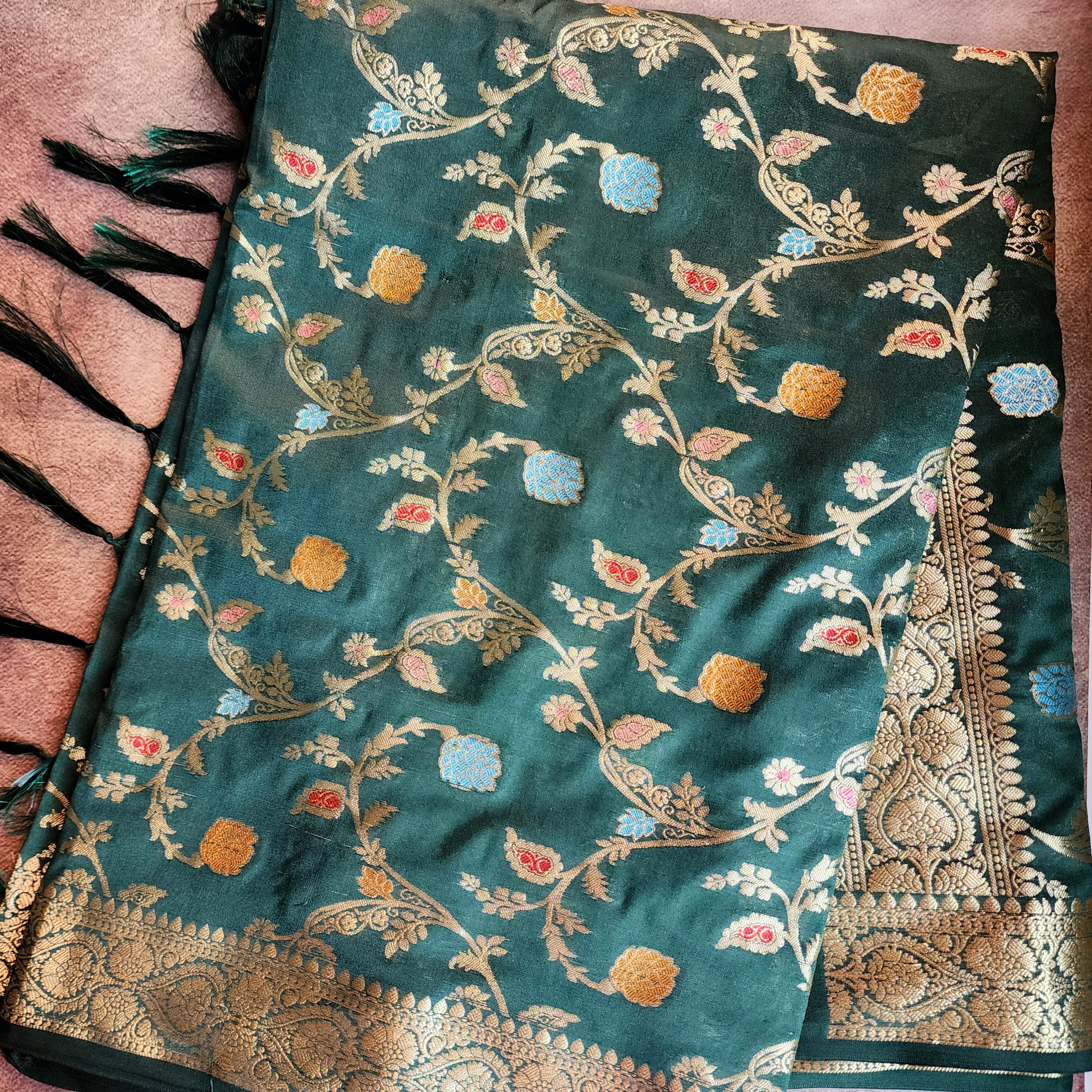 Bottle Green Banarasi Silk Dupatta with Gold Zari Border & Multicolor Meenakari Work