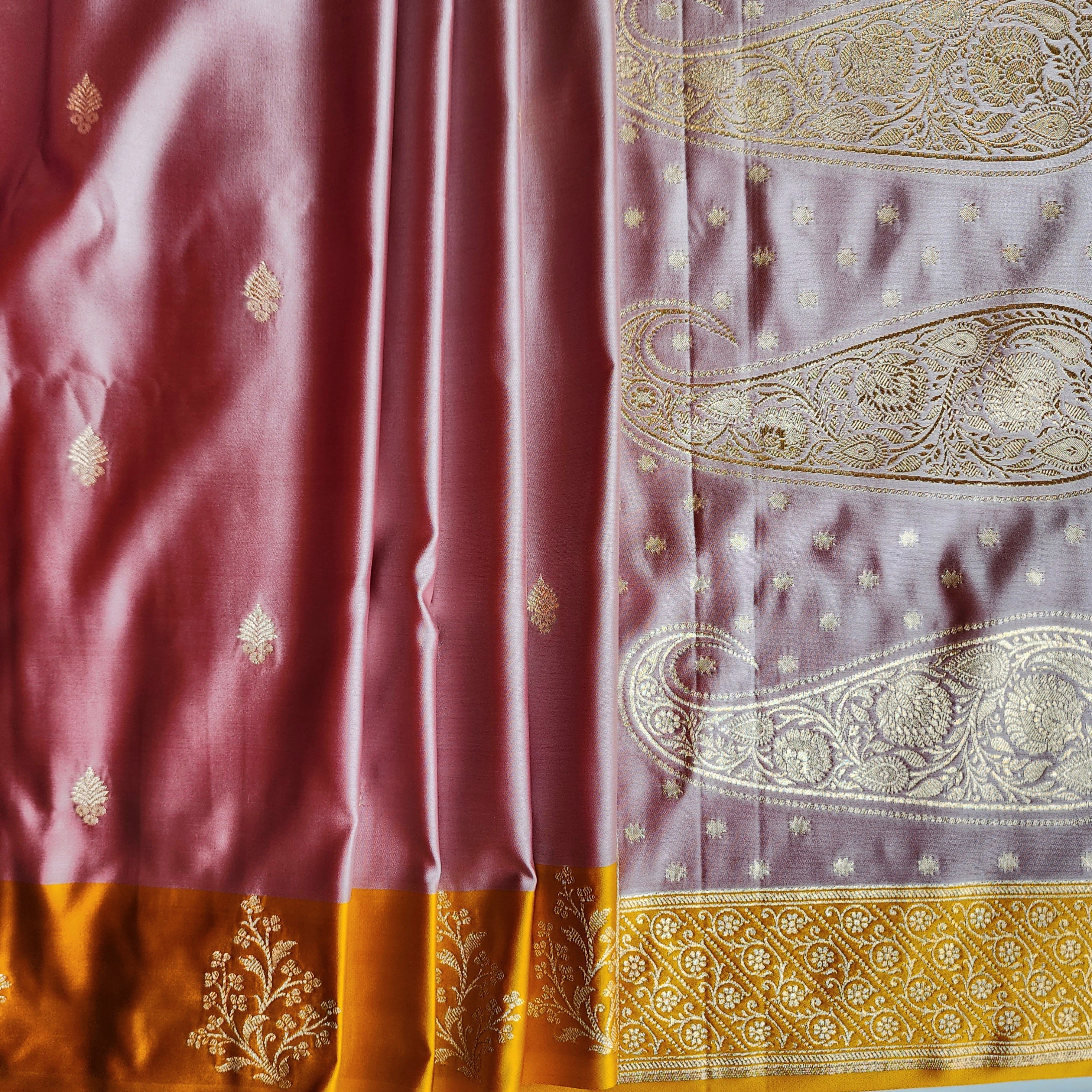 Dusty Rose Katan Silk Saree with Mustard Yellow Gold Zari Border
