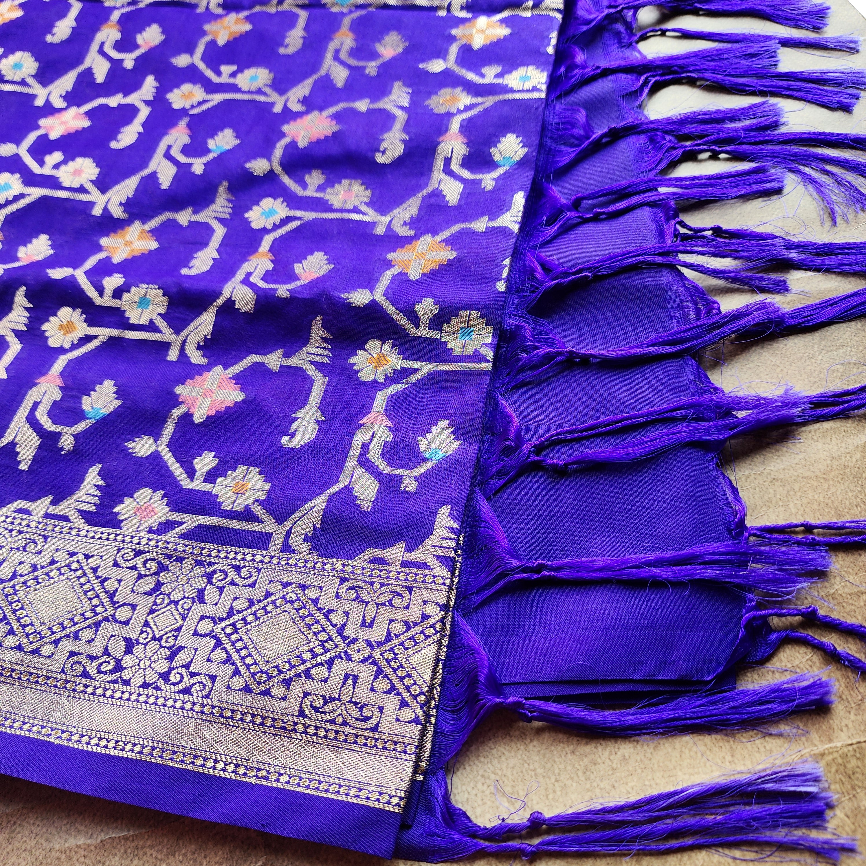 Golden Grid Banarasi Silk Dupatta with Meenakari Work in Electric Blue