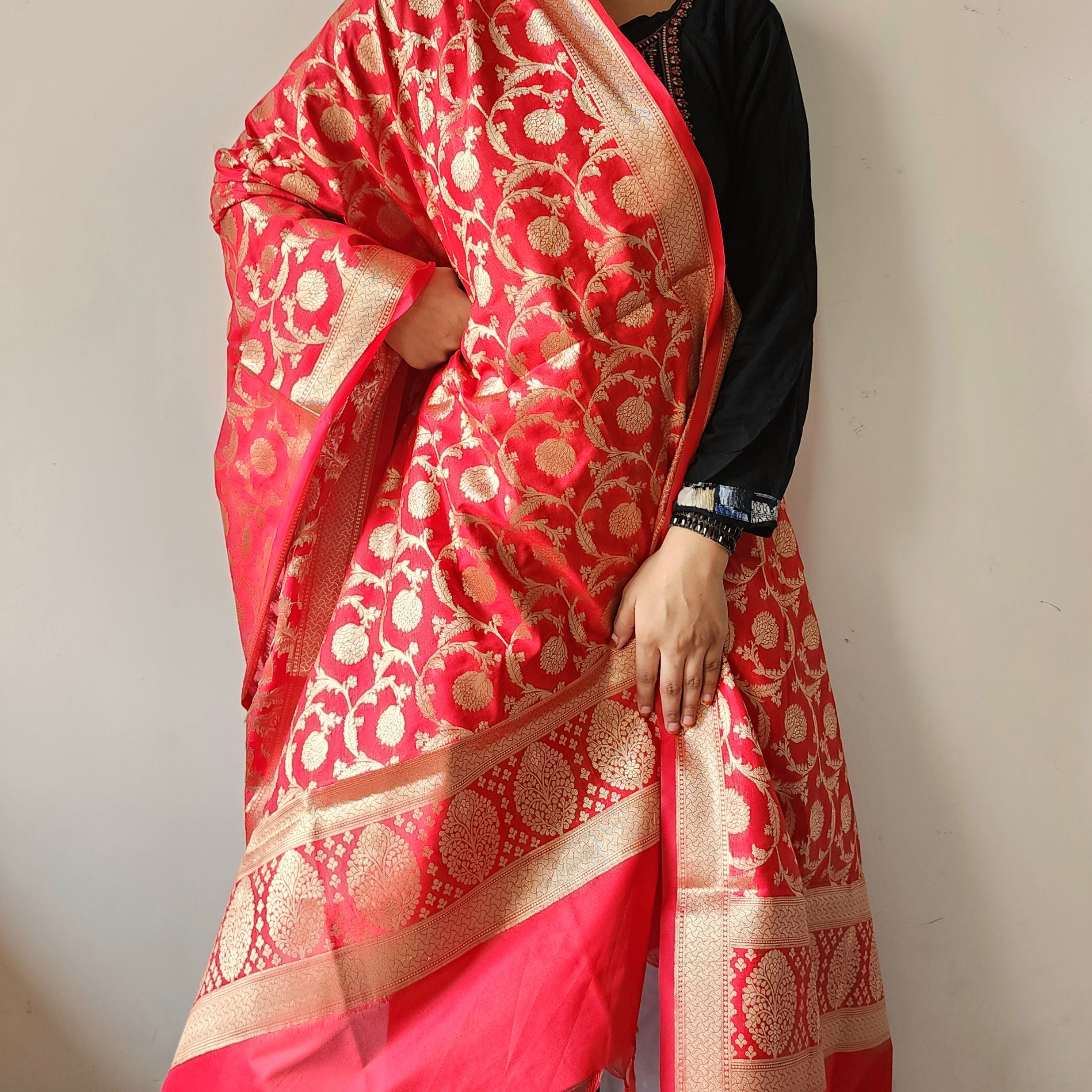 Red Banarasi Dupatta - Zari Blossom Motifs