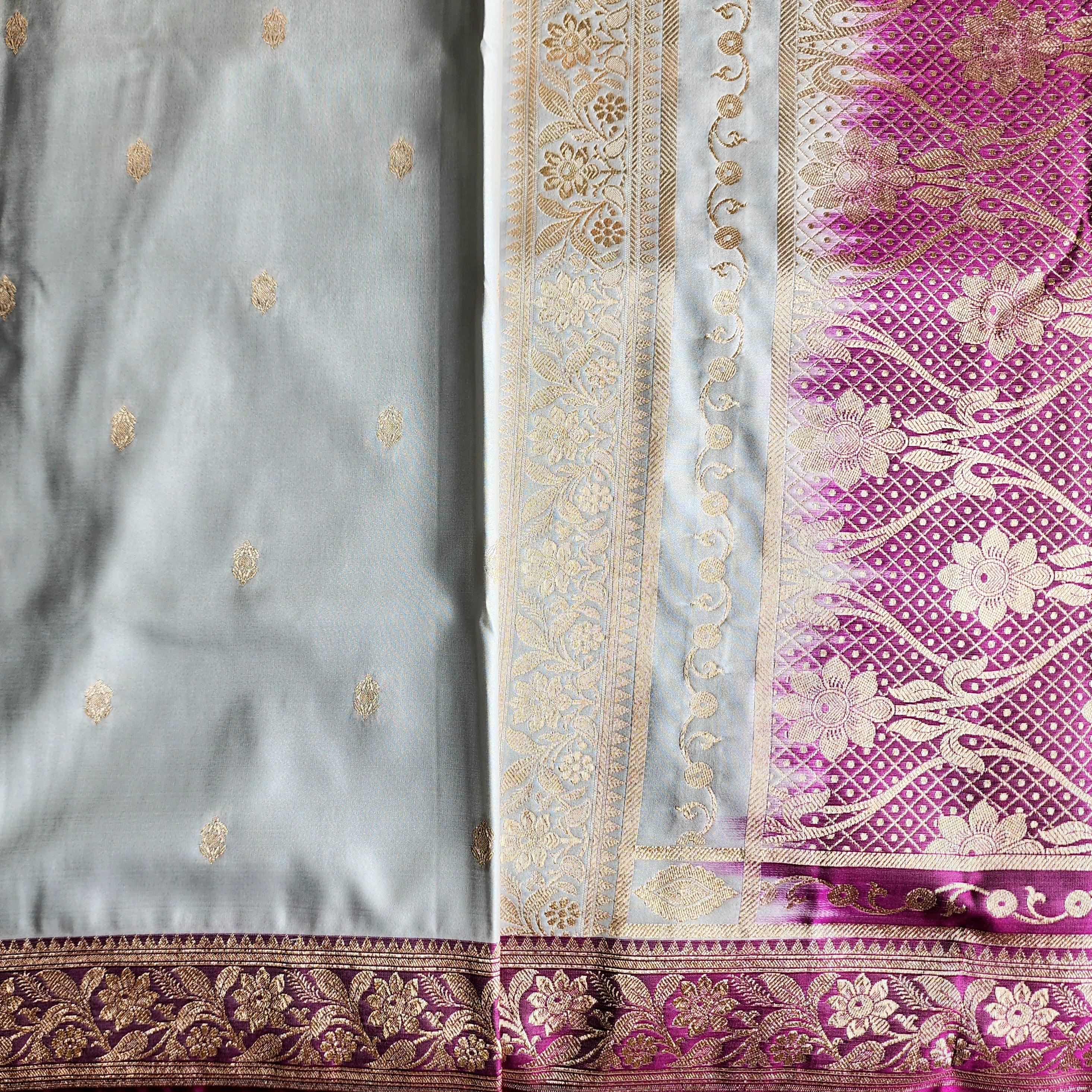 Powder Blue Katan Silk Saree with Purple and Gold Zari Border