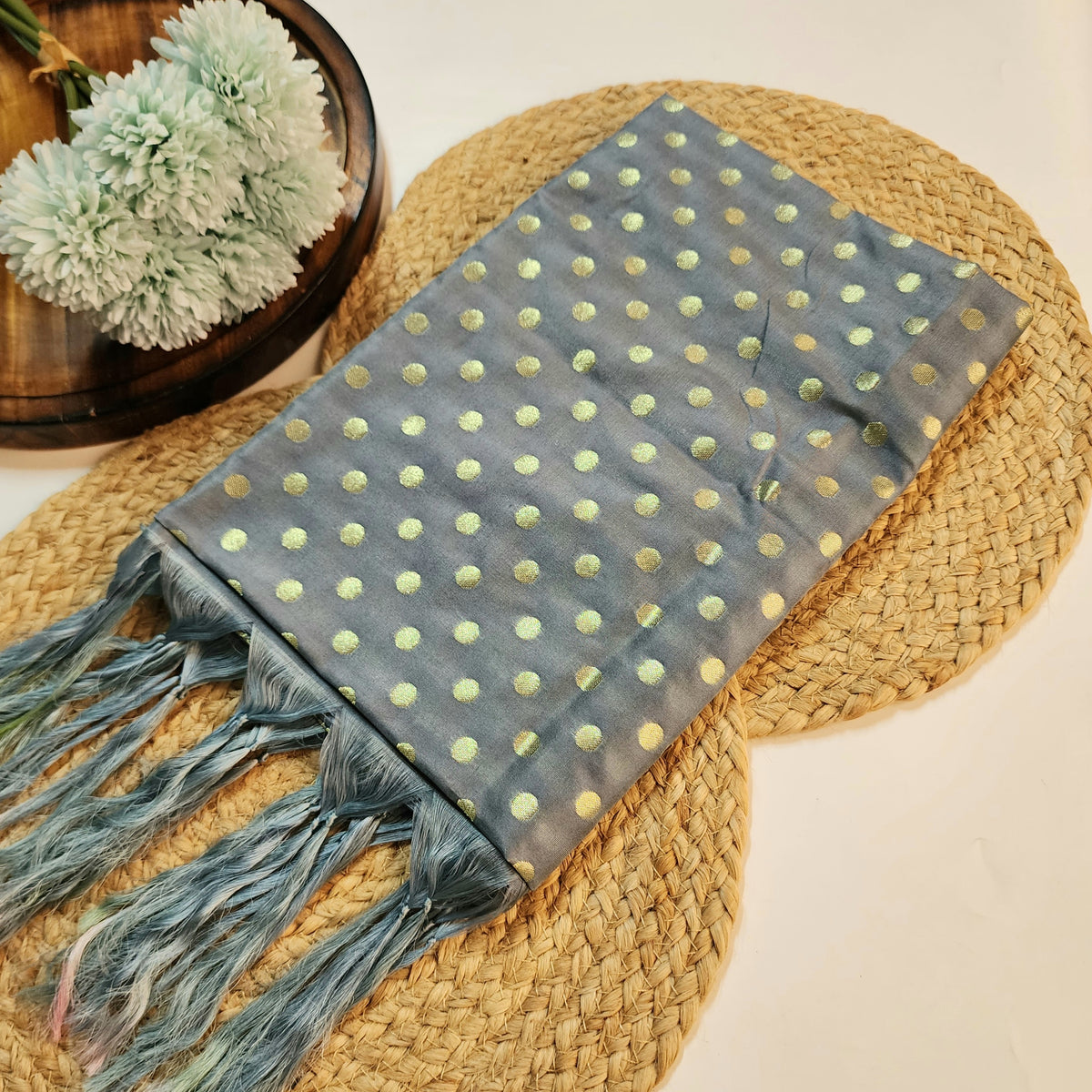 Slate Blue Banarasi Silk Dupatta with Gold Polka Dot