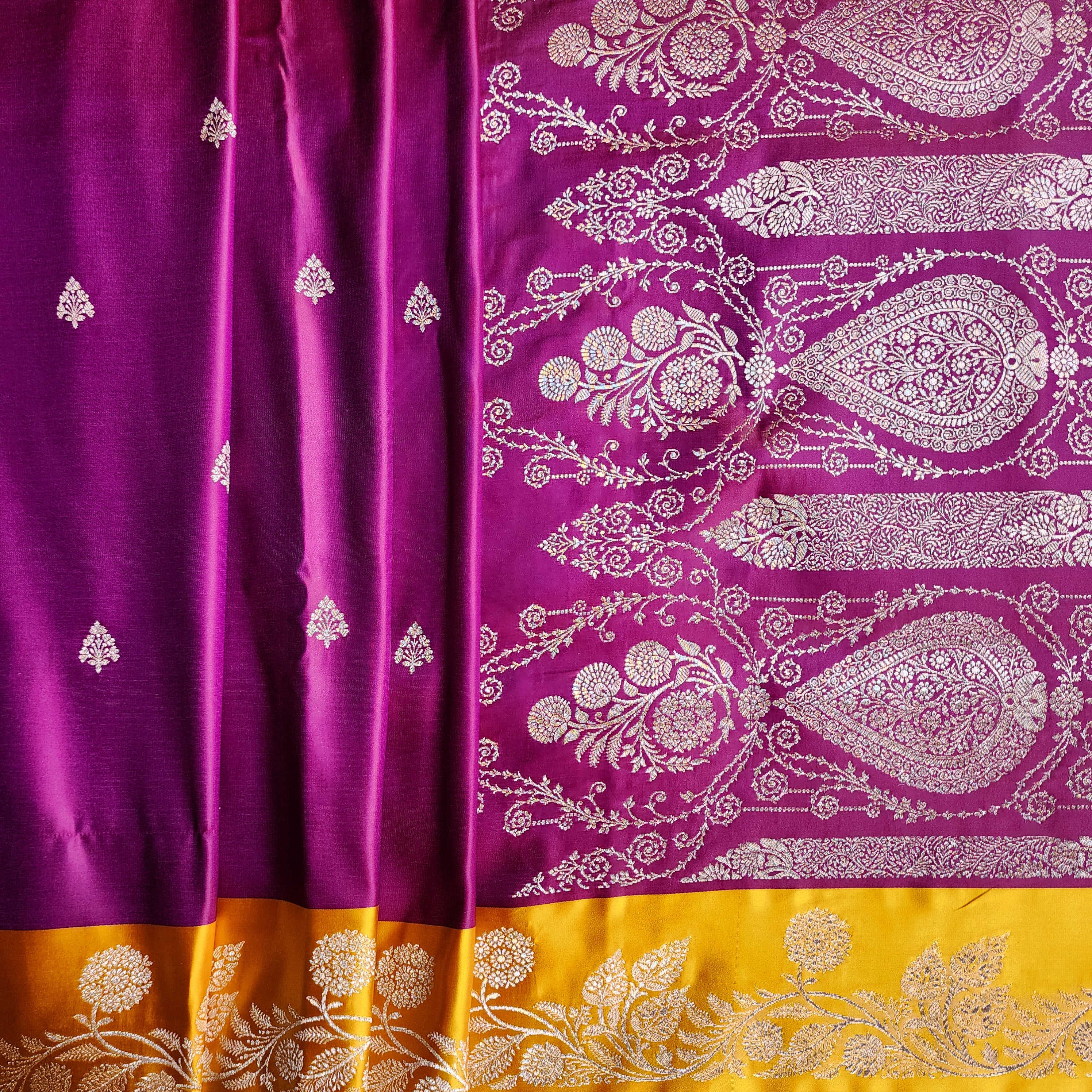 Wine Maroon Pure Banarasi Katan Silk Saree with Mustard Yellow Border