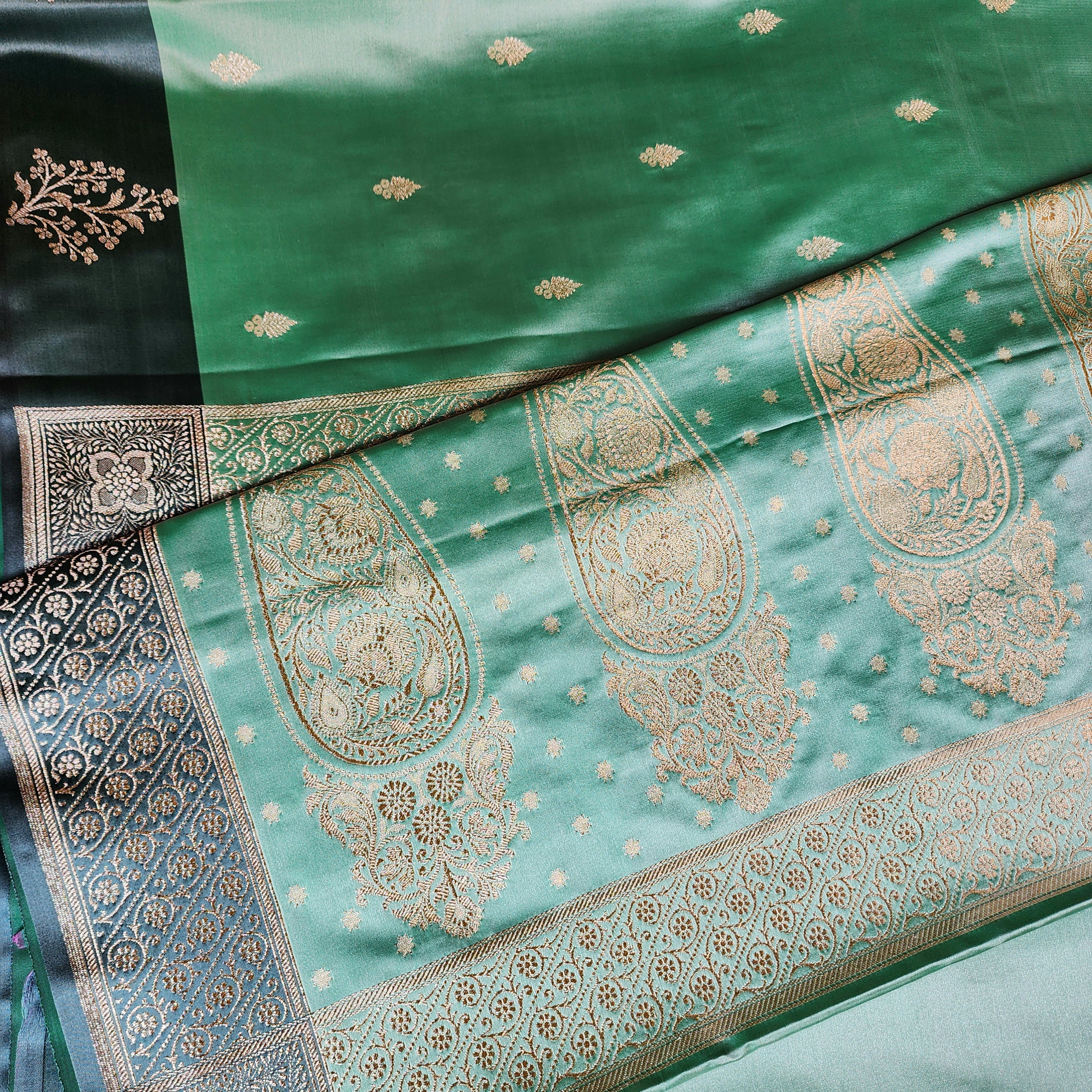 Sea Green Katan Silk Saree with Peacock Green Gold Zari Border