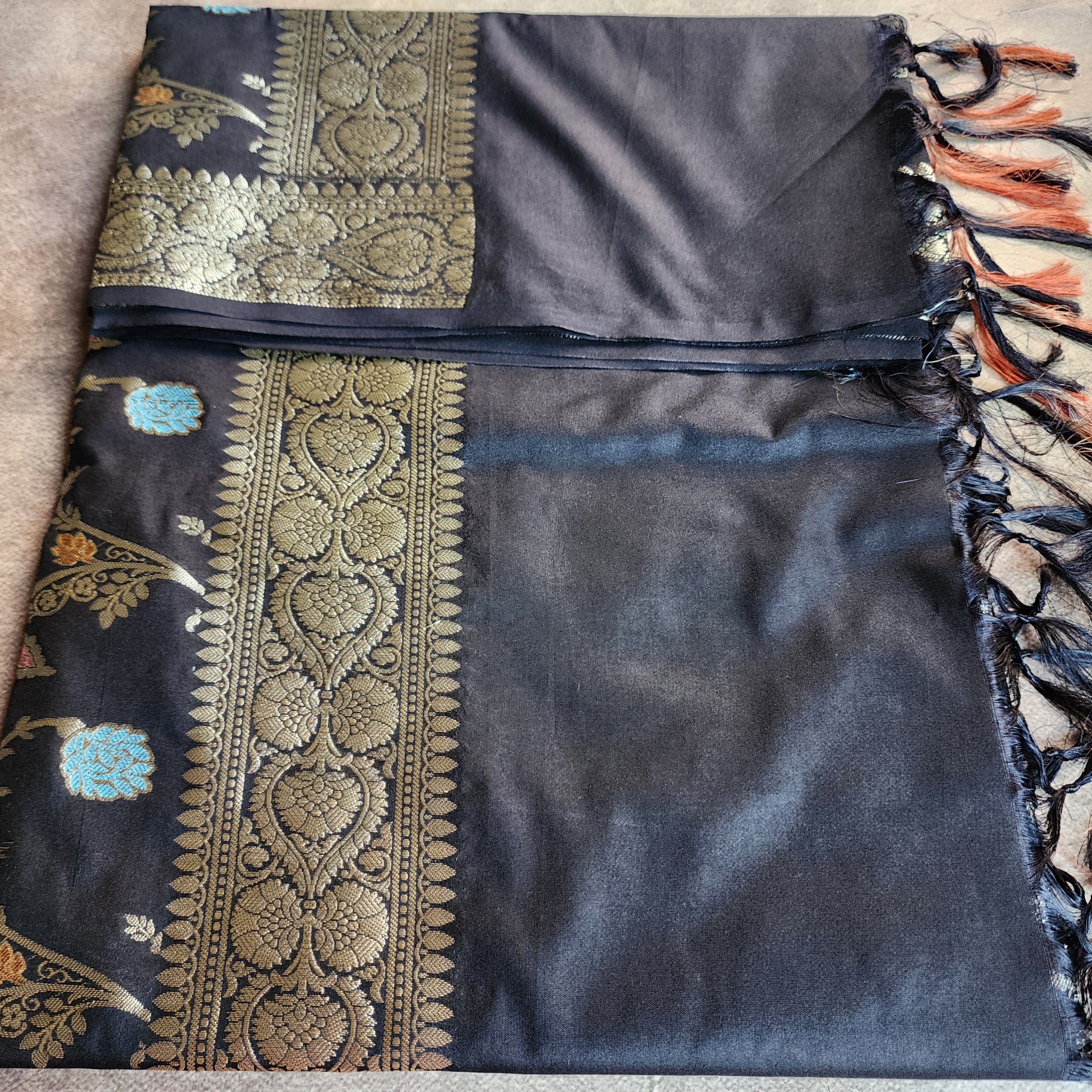 Black Banarasi Silk Dupatta with Gold Zari Border & Multicolor Meenakari Work