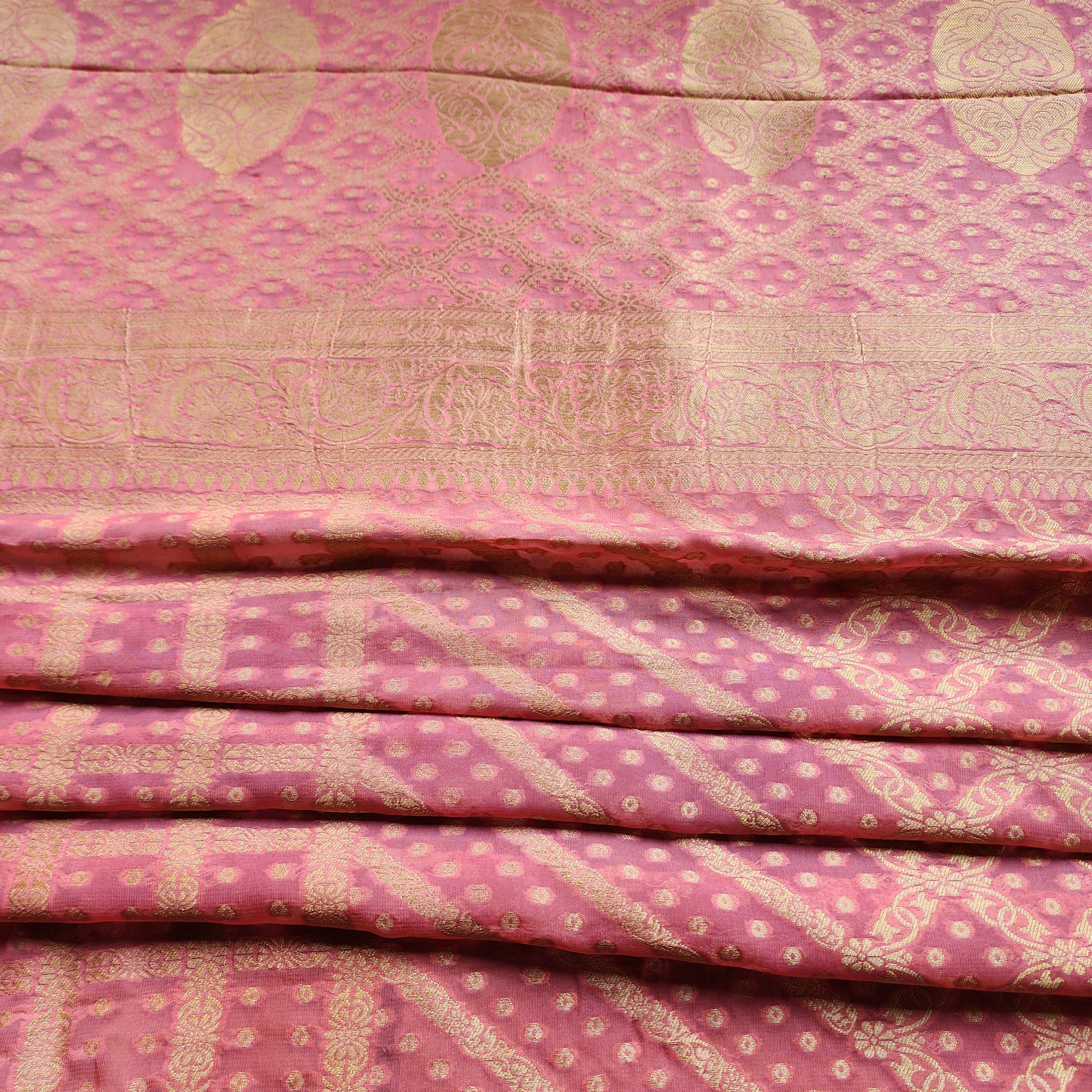Flamingo Pink Pure Khaddi Georgette Banarasi Saree with Golden Zari
